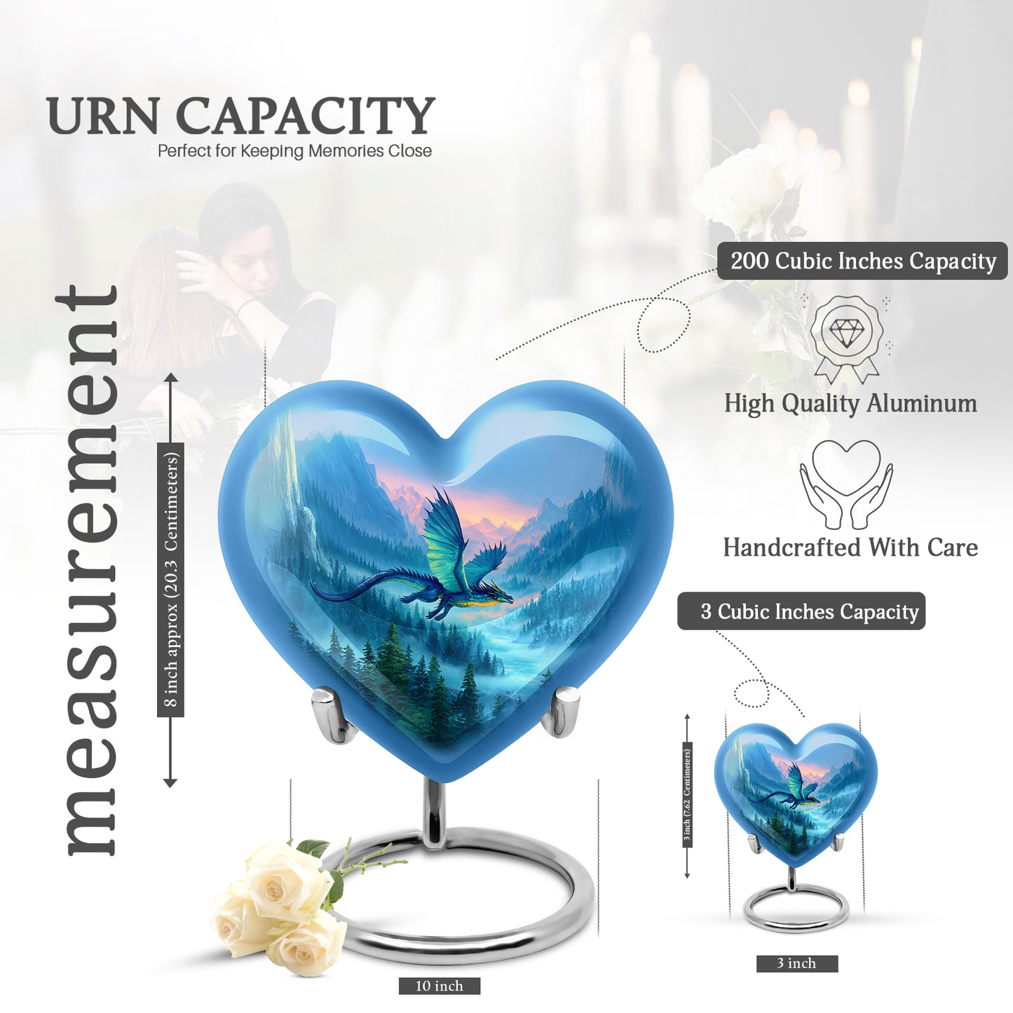 Celestial Blue Dragon Cremation Urn front view showing detailed design - heart-shaped dragon design symbolizing eternal love - mini keepsake memorial for portion of cremation ashes