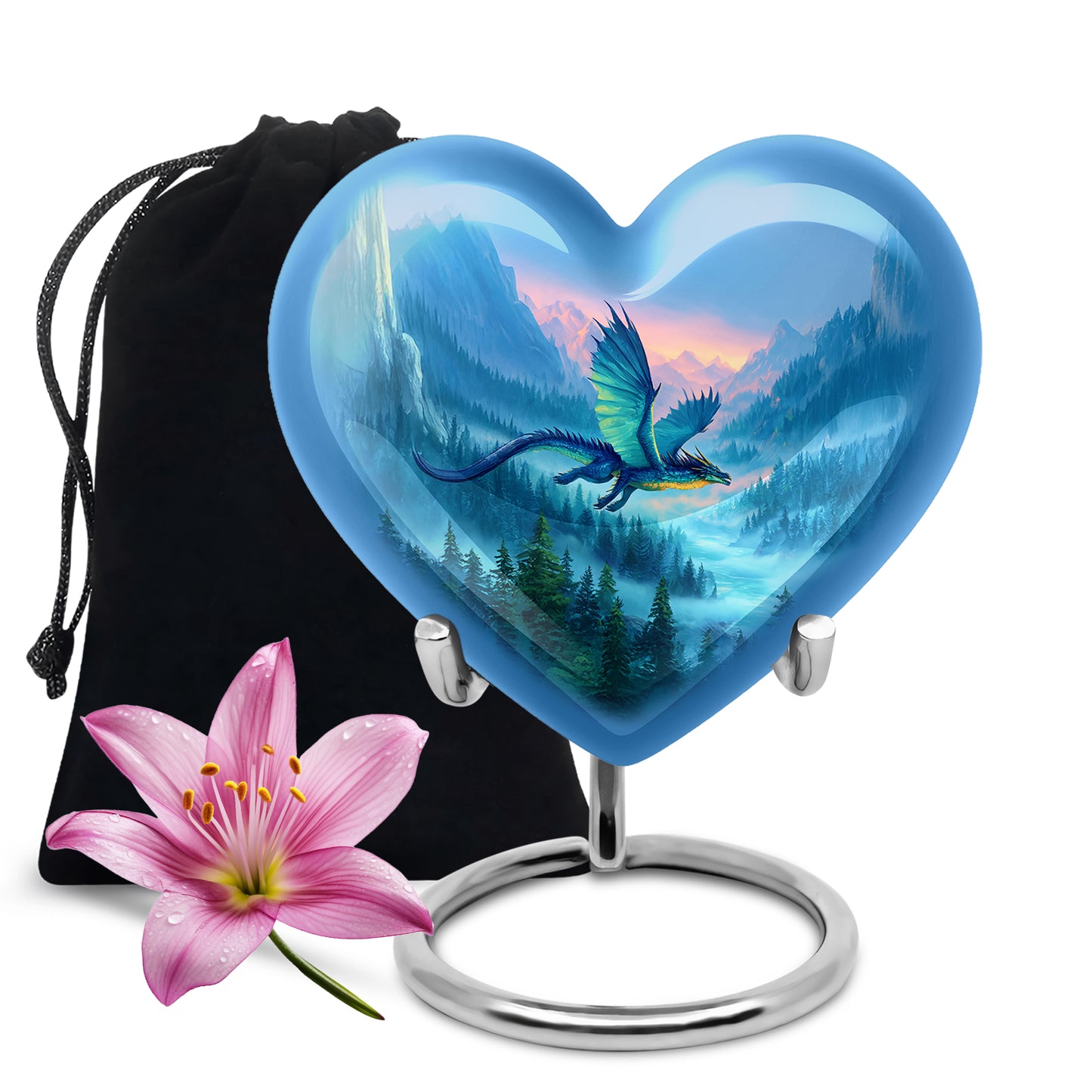 Indigo Dragon Cremation Urn detail view - heart-shaped dragon design symbolizing eternal love - full-size 10 inch 200 cubic inch adult cremation urn