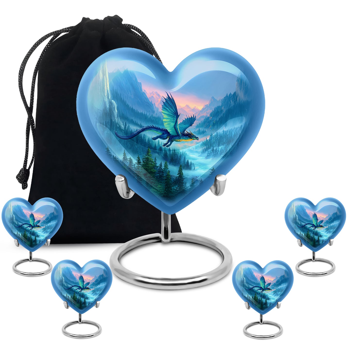 Serene Blue Dragon Cremation Urn close-up of engraving and surface detail - compassionate heart-dragon combination with gentle curves - memorial set with one large and four small urns
