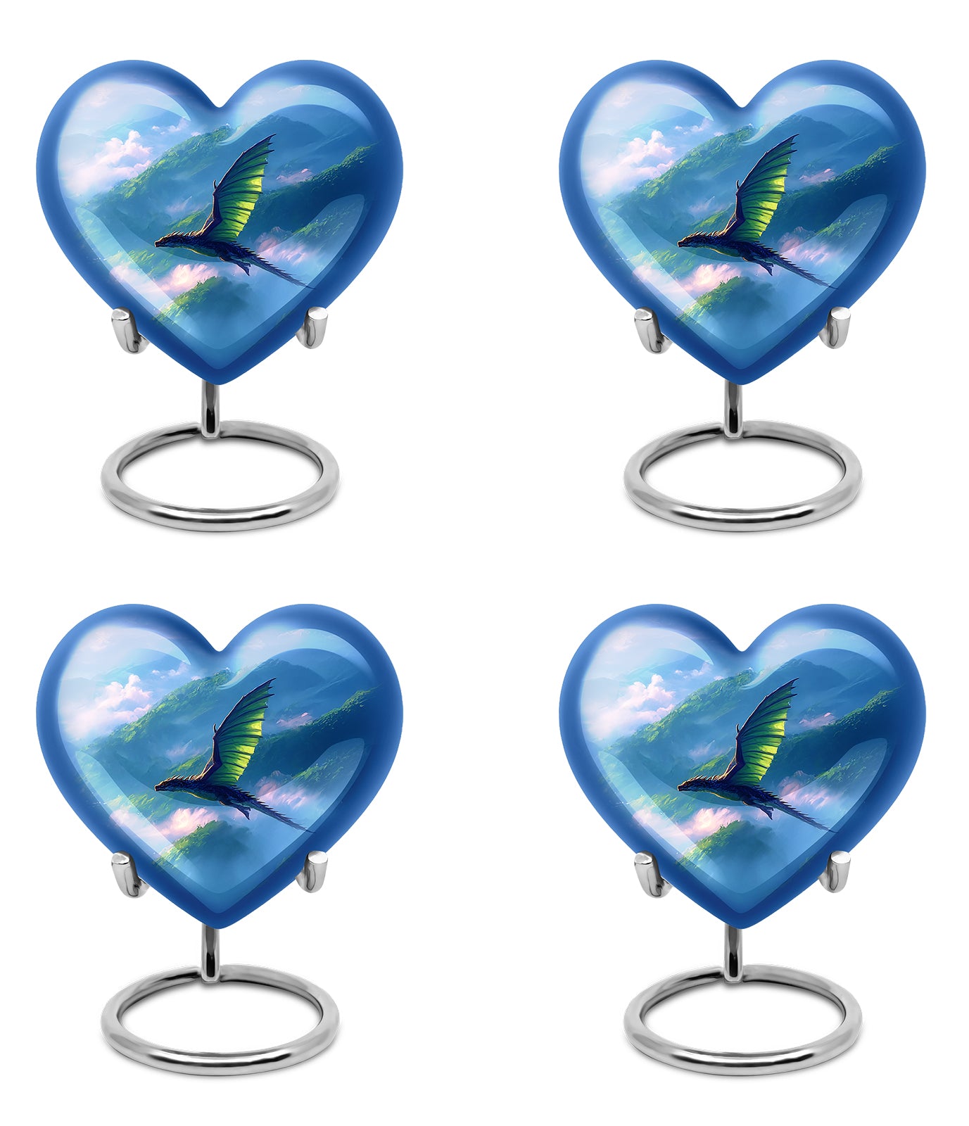 Azure Dragon Cremation Urn angled view of lid and engraved motif - loving heart memorial featuring dragon pattern - 10 inch aluminum urn for cremated remains