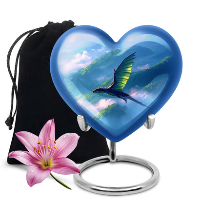 Serene Blue Dragon Cremation Urn detail view - romantic heart urn with dragon motif on aluminum - full-size 10 inch 200 cubic inch adult cremation urn