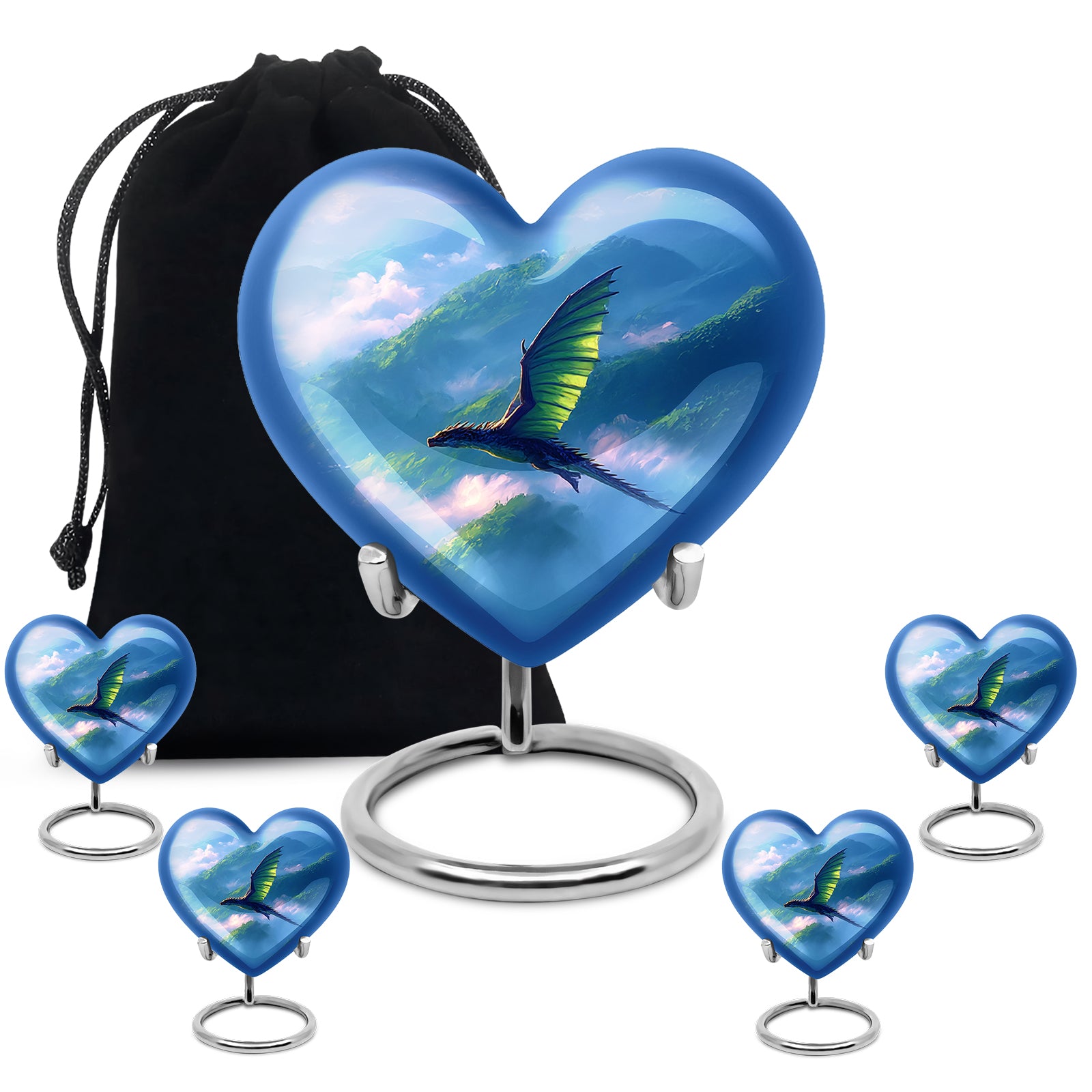 Celestial Blue Dragon Cremation Urn close-up of engraving and surface detail - loving heart memorial featuring dragon pattern - memorial set with one large and four small urns