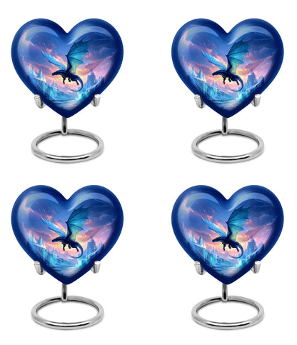 Indigo Dragon Cremation Urn angled view of lid and engraved motif - loving heart memorial featuring dragon pattern - 10 inch aluminum urn for cremated remains