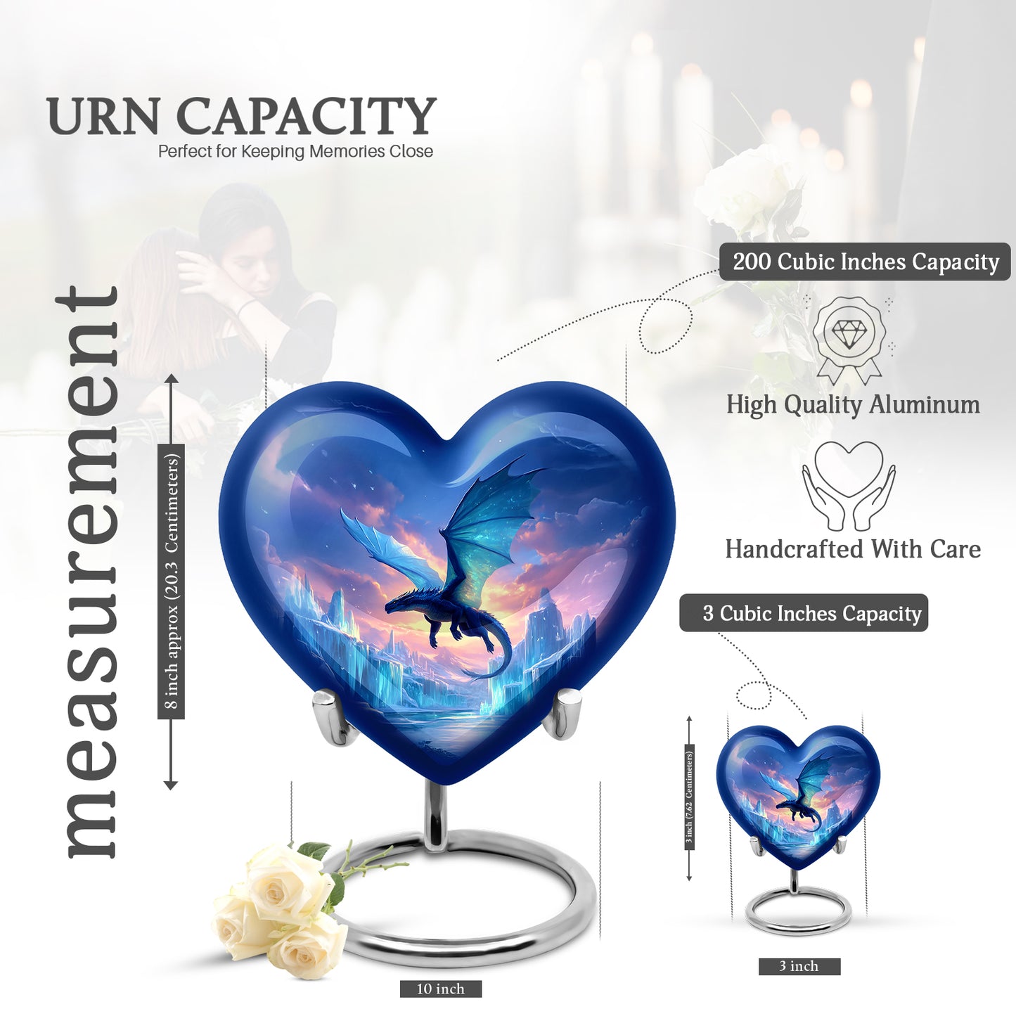 Vivid Blue Dragon Cremation Urn front view showing detailed design - compassionate heart-dragon combination with gentle curves - mini keepsake memorial for portion of cremation ashes