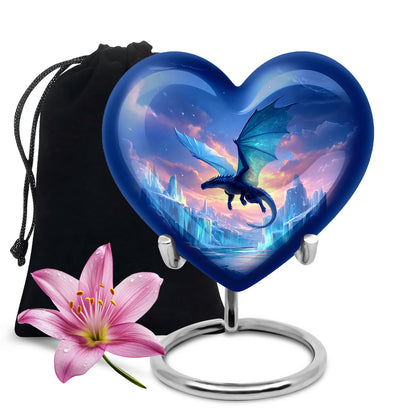 Navy Blue Dragon Cremation Urn detail view - loving heart memorial featuring dragon pattern - full-size 10 inch 200 cubic inch adult cremation urn
