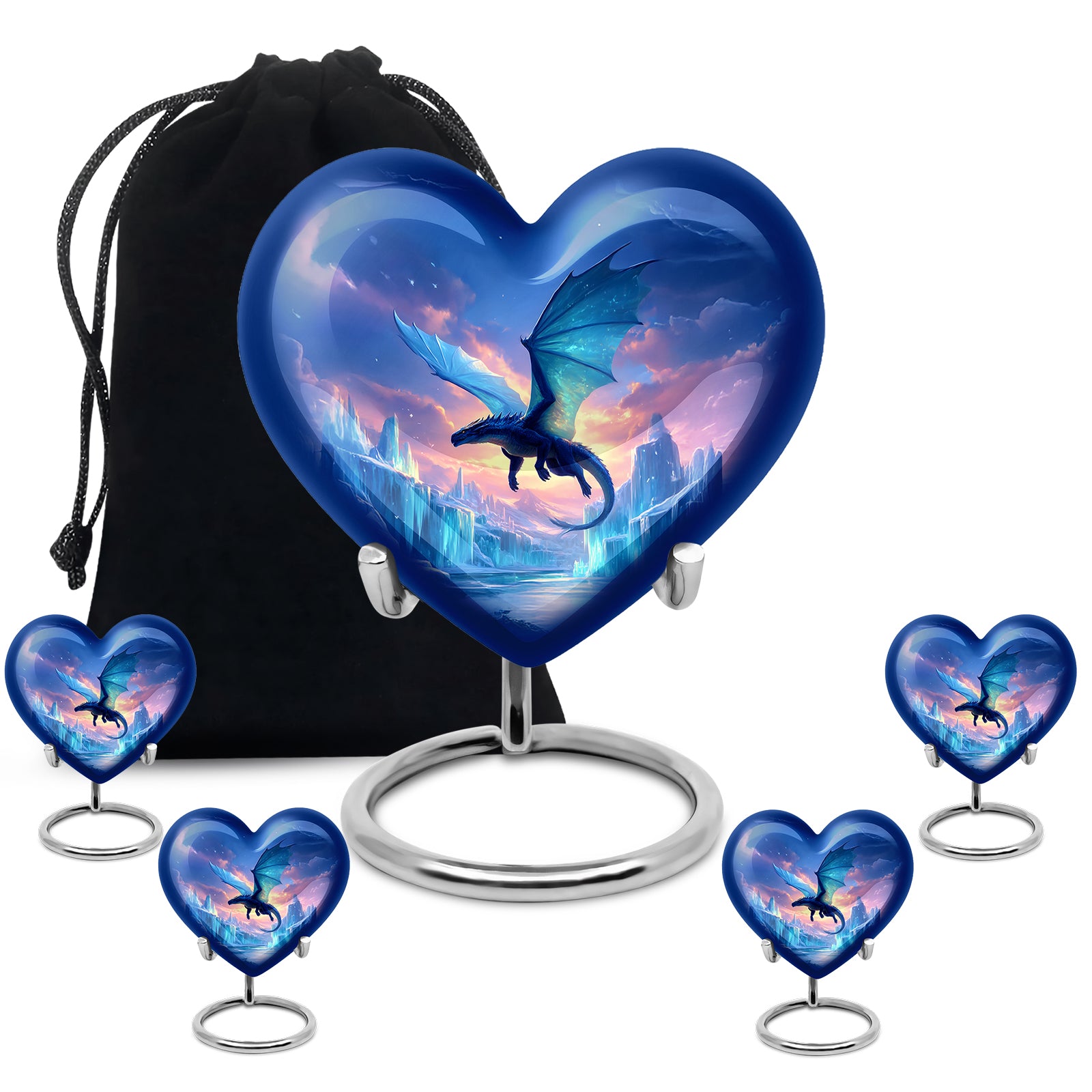 Pastel Blue Dragon Cremation Urn close-up of engraving and surface detail - heart-shaped dragon design symbolizing eternal love - memorial set with one large and four small urns