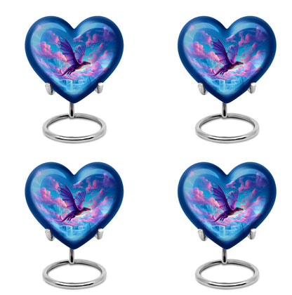 Sapphire Blue Dragon Cremation Urn angled view of lid and engraved motif - compassionate heart-dragon combination with gentle curves - 10 inch aluminum urn for cremated remains