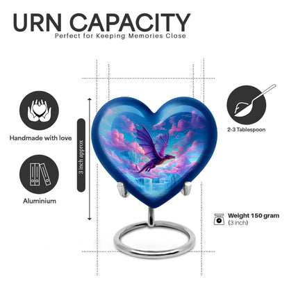 Celestial Blue Dragon Cremation Urn front view showing detailed design - heart-shaped dragon design symbolizing eternal love - mini keepsake memorial for portion of cremation ashes