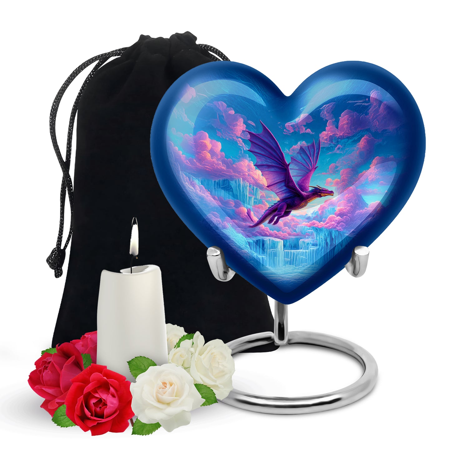 Twilight Blue Dragon Cremation Urn detail view - romantic heart urn with dragon motif on aluminum - full-size 10 inch 200 cubic inch adult cremation urn