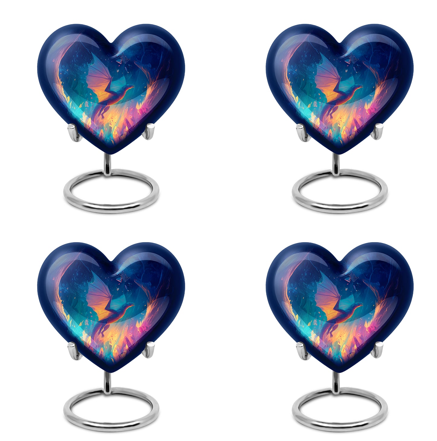 Cobalt Blue Dragon Cremation Urn angled view of lid and engraved motif - romantic heart urn with dragon motif on aluminum - 10 inch aluminum urn for cremated remains