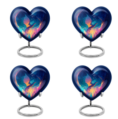 Cobalt Blue Dragon Cremation Urn angled view of lid and engraved motif - romantic heart urn with dragon motif on aluminum - 10 inch aluminum urn for cremated remains
