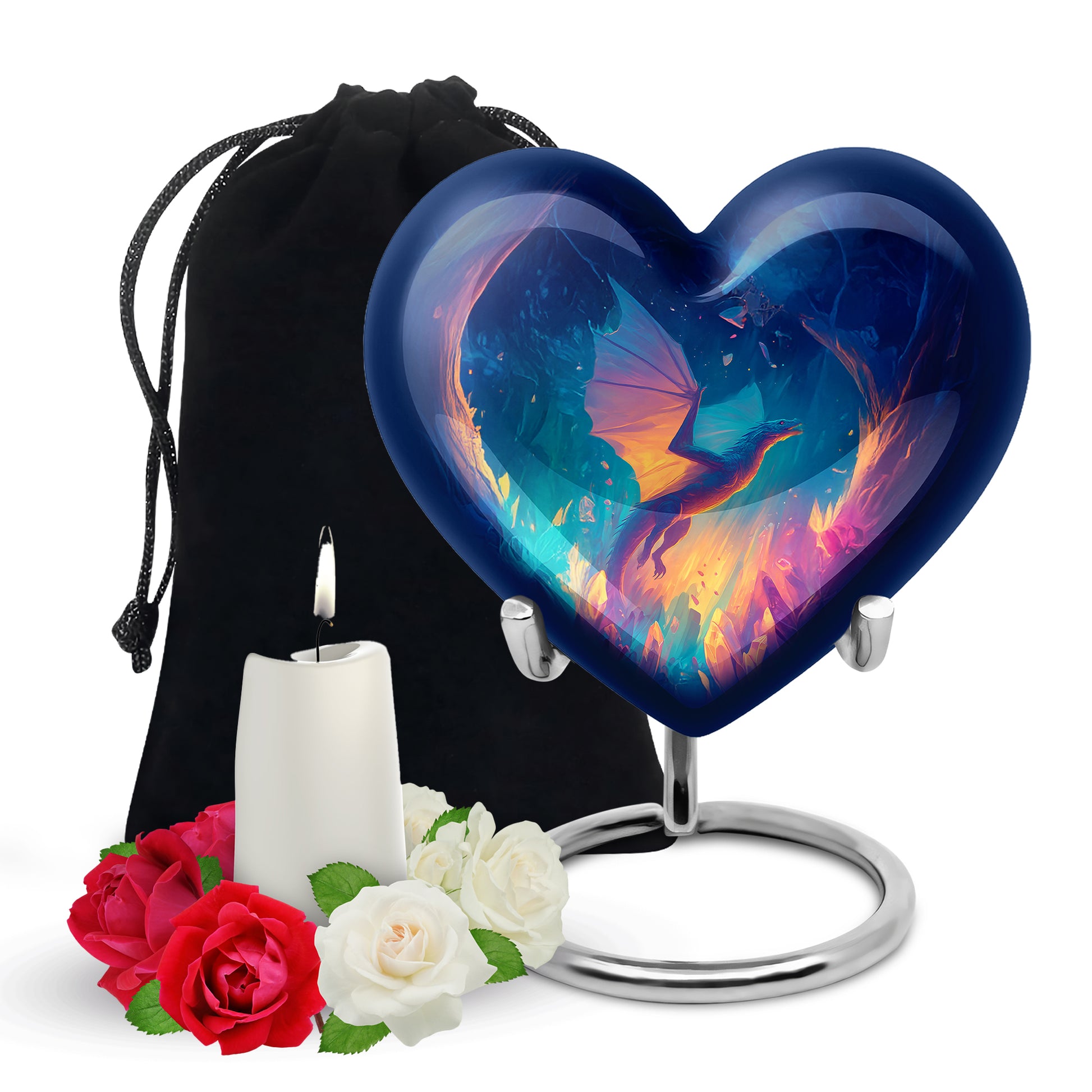 Misty Blue Dragon Cremation Urn detail view - heart-shaped dragon design symbolizing eternal love - full-size 10 inch 200 cubic inch adult cremation urn