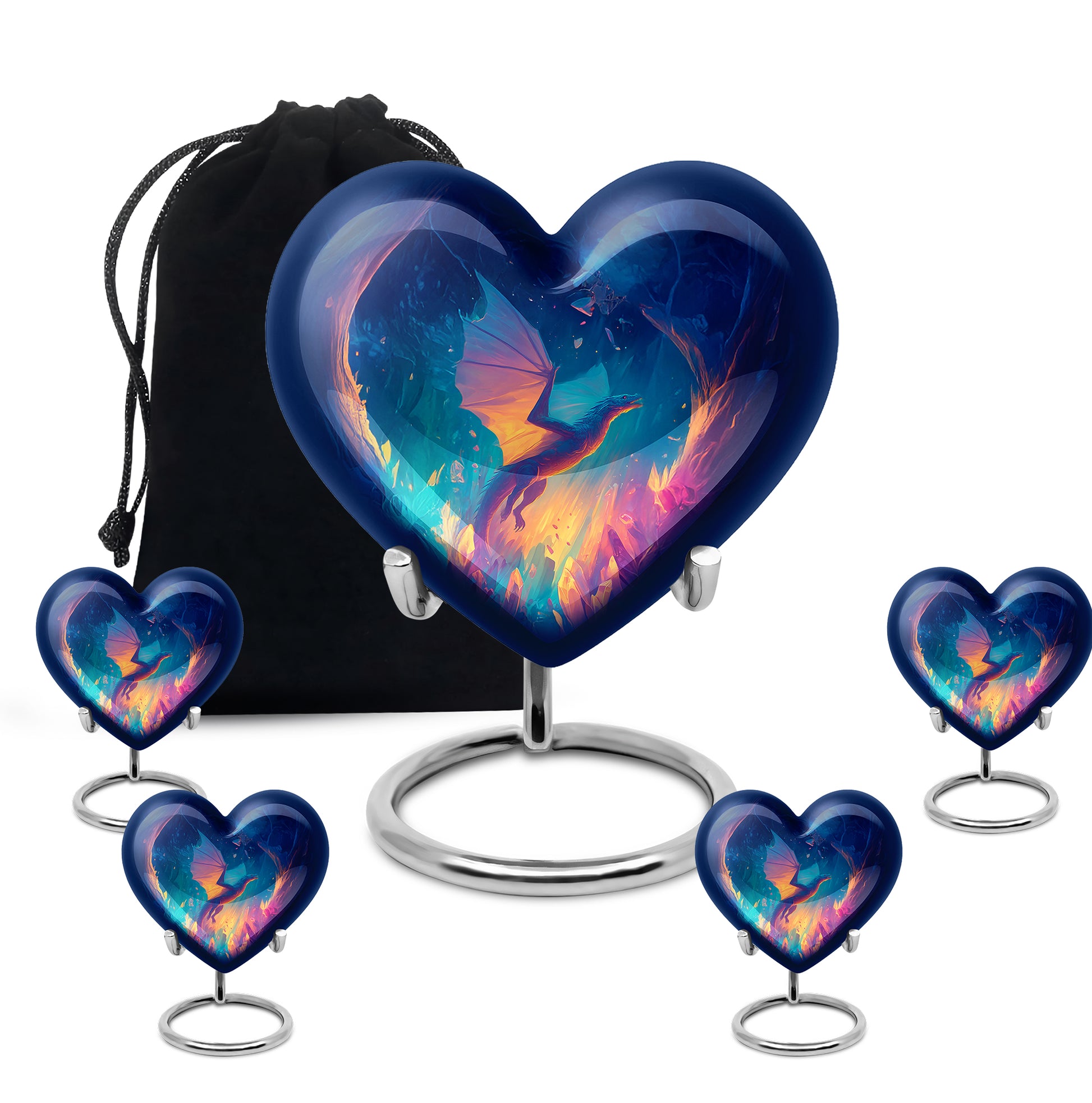 Vivid Blue Dragon Cremation Urn close-up of engraving and surface detail - romantic heart urn with dragon motif on aluminum - memorial set with one large and four small urns