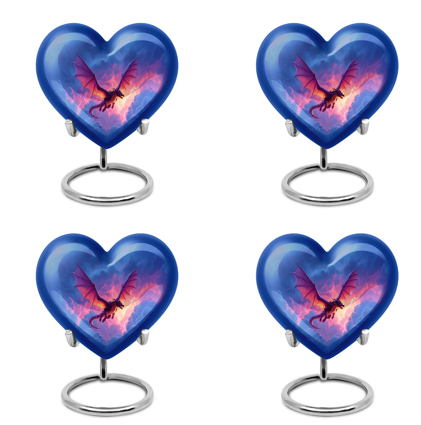 Vivid Blue Dragon Cremation Urn angled view of lid and engraved motif - compassionate heart-dragon combination with gentle curves - 10 inch aluminum urn for cremated remains