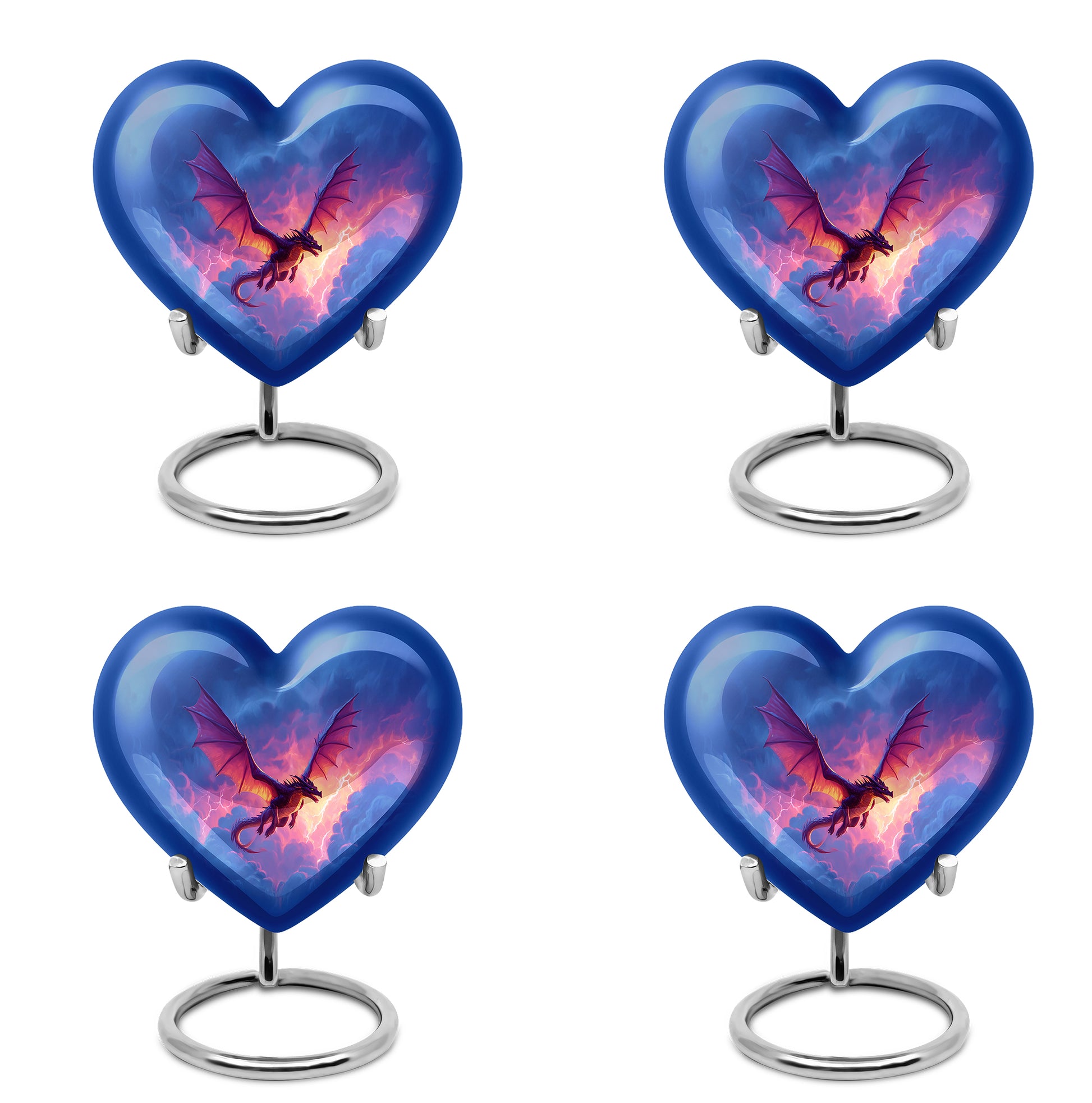 Vivid Blue Dragon Cremation Urn angled view of lid and engraved motif - compassionate heart-dragon combination with gentle curves - 10 inch aluminum urn for cremated remains