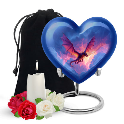 Calming Blue Dragon Cremation Urn detail view - romantic heart urn with dragon motif on aluminum - full-size 10 inch 200 cubic inch adult cremation urn