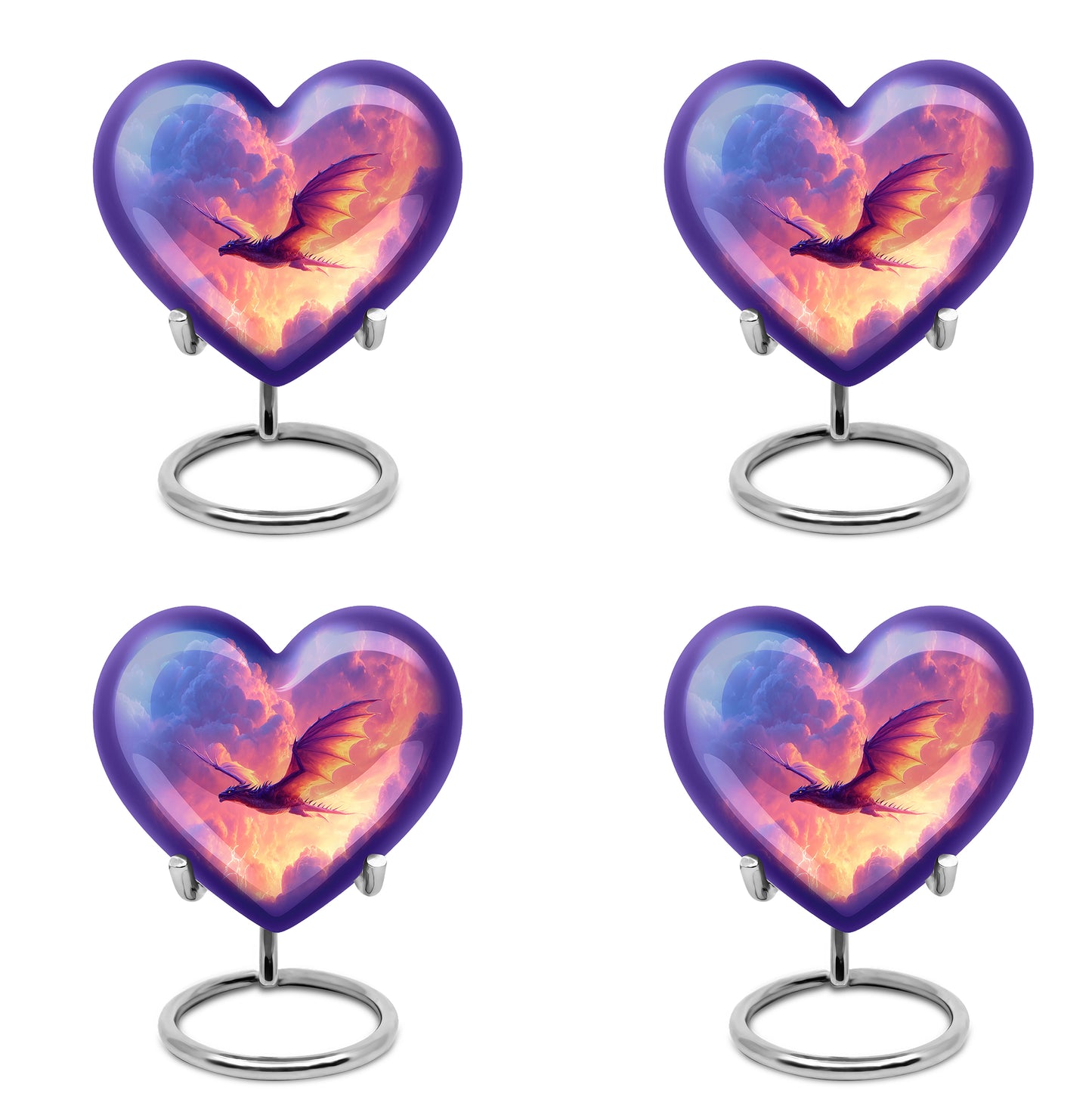 Royal Blue Dragon Cremation Urn angled view of lid and engraved motif - compassionate heart-dragon combination with gentle curves - 10 inch aluminum urn for cremated remains