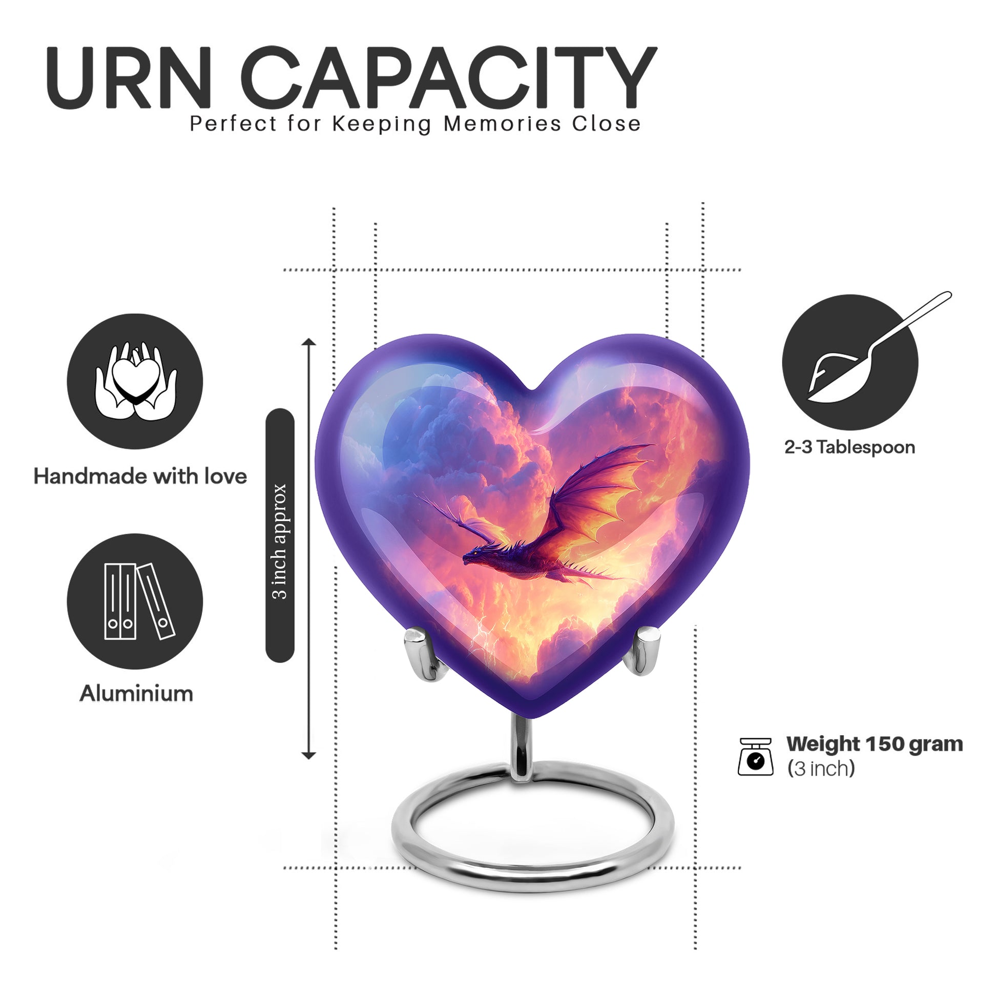 Misty Blue Dragon Cremation Urn front view showing detailed design - heart-shaped dragon design symbolizing eternal love - mini keepsake memorial for portion of cremation ashes