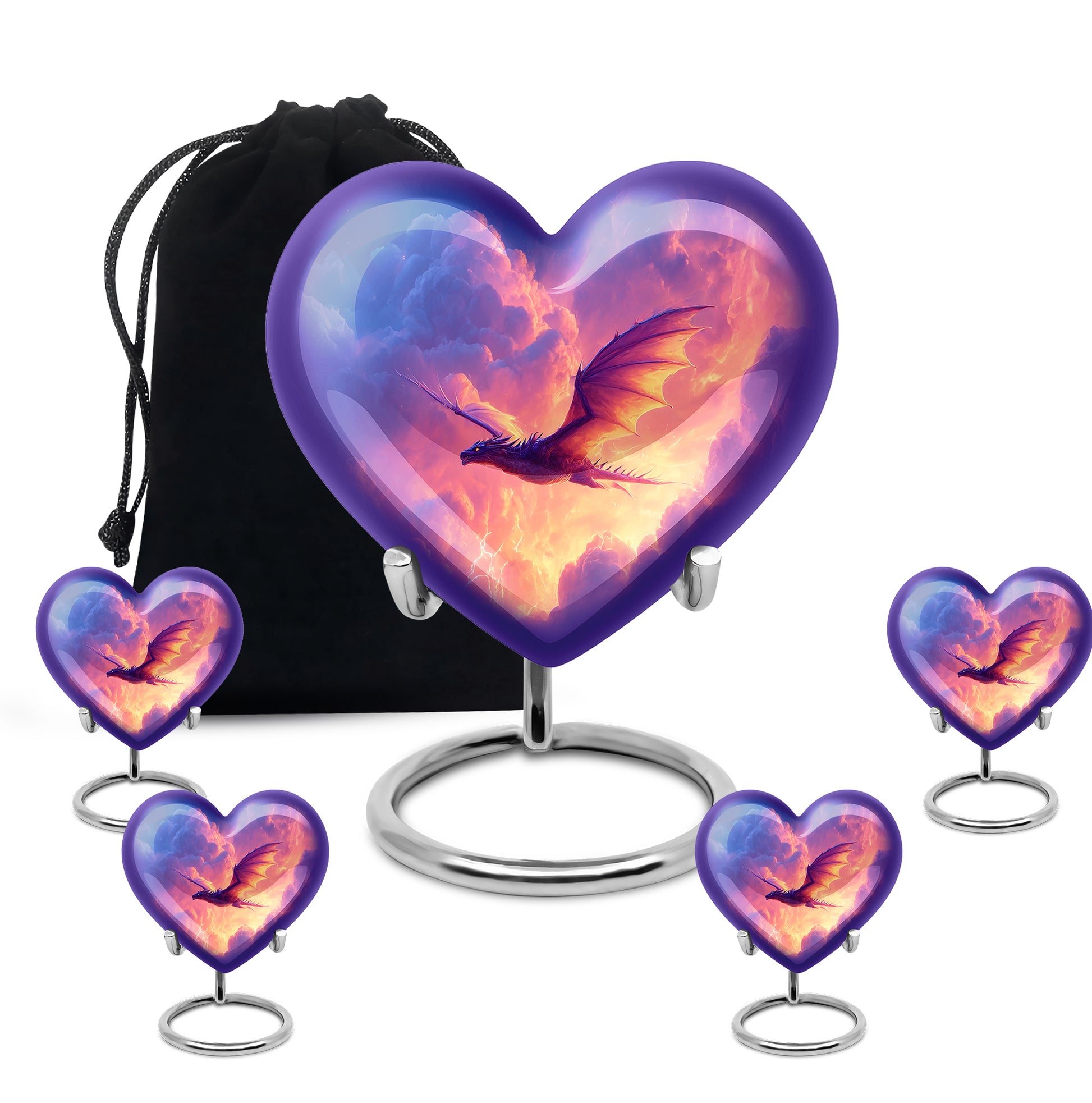 Sapphire Blue Dragon Cremation Urn close-up of engraving and surface detail - romantic heart urn with dragon motif on aluminum - memorial set with one large and four small urns