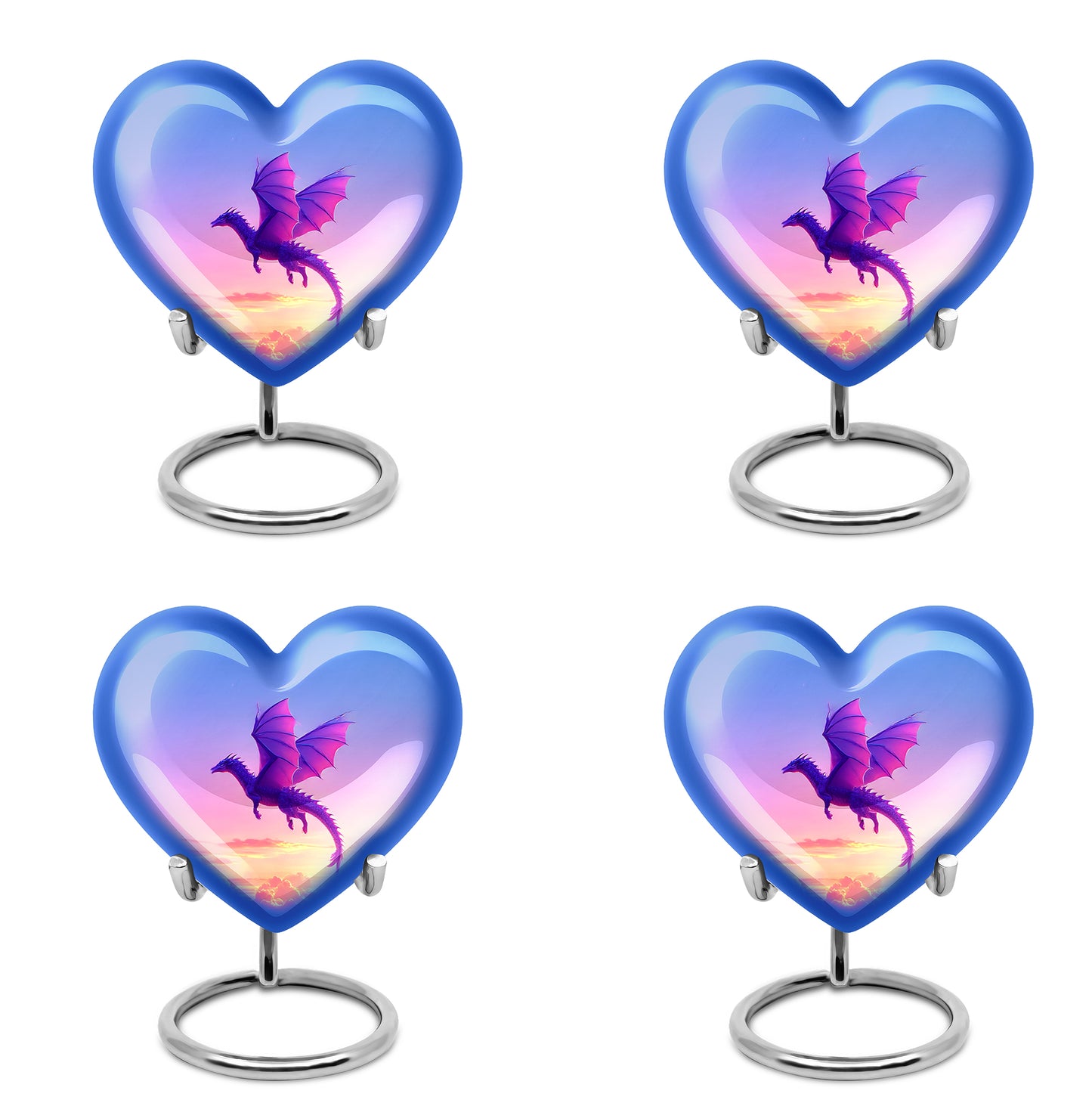 Misty Blue Dragon Cremation Urn angled view of lid and engraved motif - heart-shaped dragon design symbolizing eternal love - 10 inch aluminum urn for cremated remains