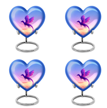 Misty Blue Dragon Cremation Urn angled view of lid and engraved motif - heart-shaped dragon design symbolizing eternal love - 10 inch aluminum urn for cremated remains