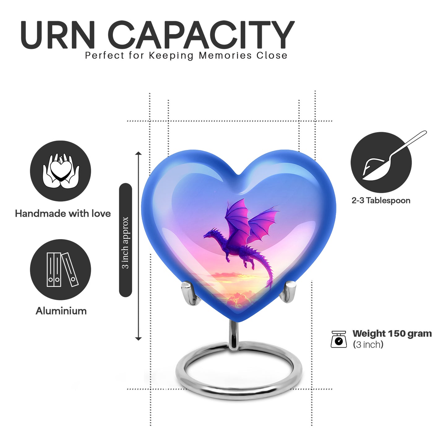 Vivid Blue Dragon Cremation Urn front view showing detailed design - romantic heart urn with dragon motif on aluminum - mini keepsake memorial for portion of cremation ashes