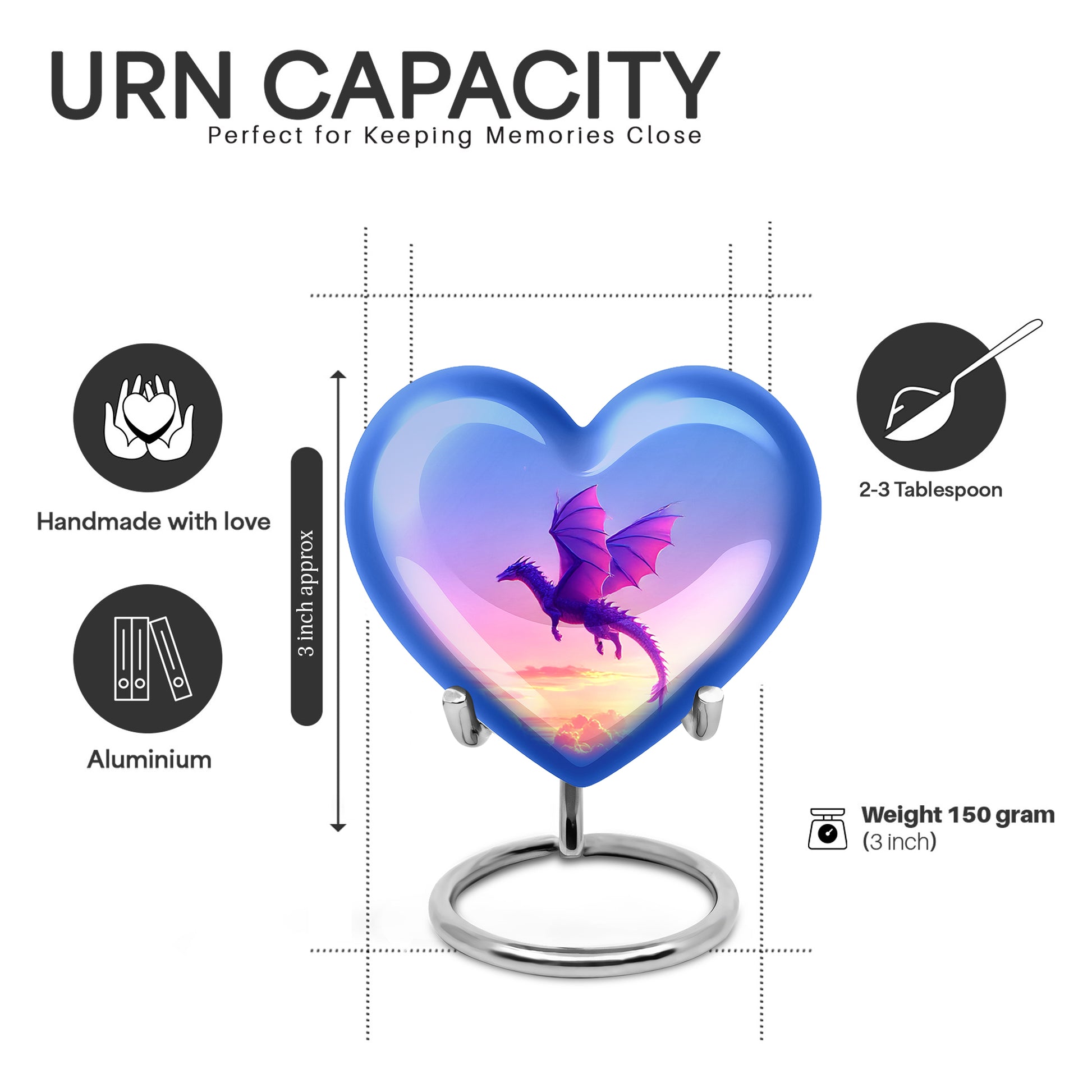Vivid Blue Dragon Cremation Urn front view showing detailed design - romantic heart urn with dragon motif on aluminum - mini keepsake memorial for portion of cremation ashes