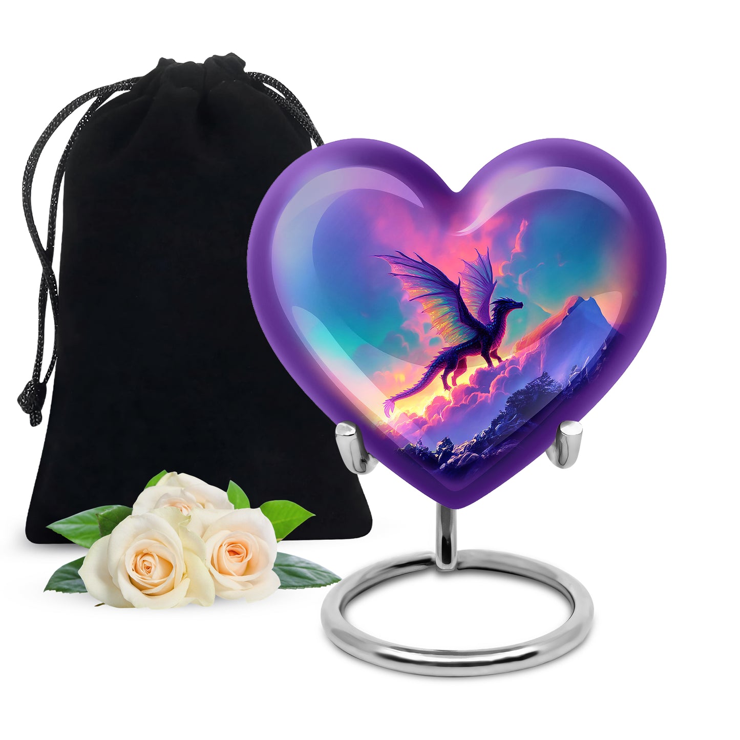 Soft Blue Dragon Cremation Urn detail view - romantic heart urn with dragon motif on aluminum - full-size 10 inch 200 cubic inch adult cremation urn