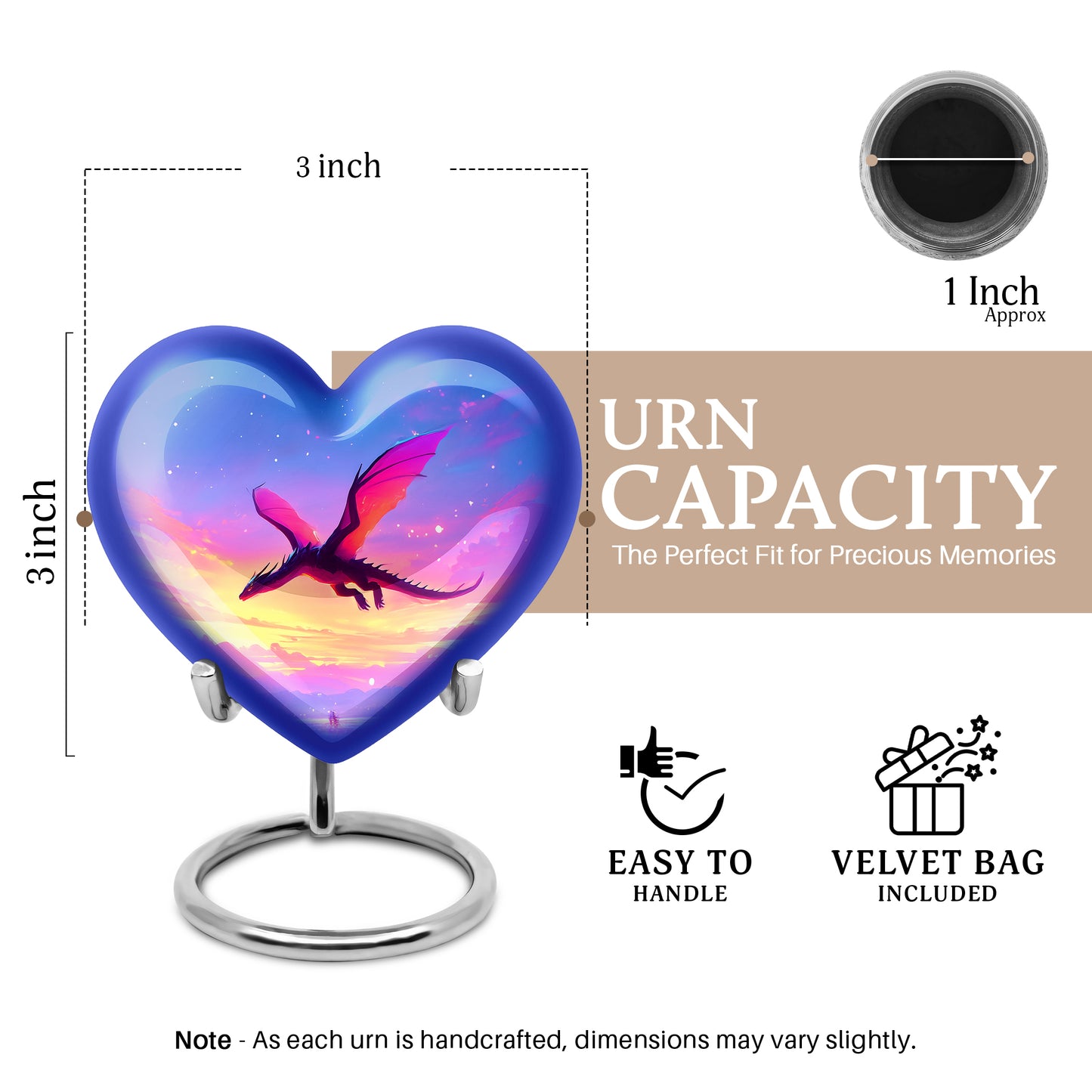 Sky Blue Dragon Cremation Urn front view showing detailed design - heart-shaped dragon design symbolizing eternal love - mini keepsake memorial for portion of cremation ashes