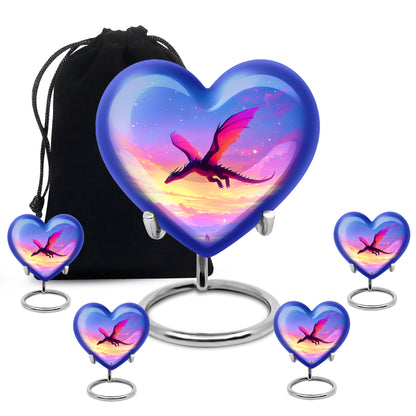Steel Blue Dragon Cremation Urn close-up of engraving and surface detail - romantic heart urn with dragon motif on aluminum - memorial set with one large and four small urns