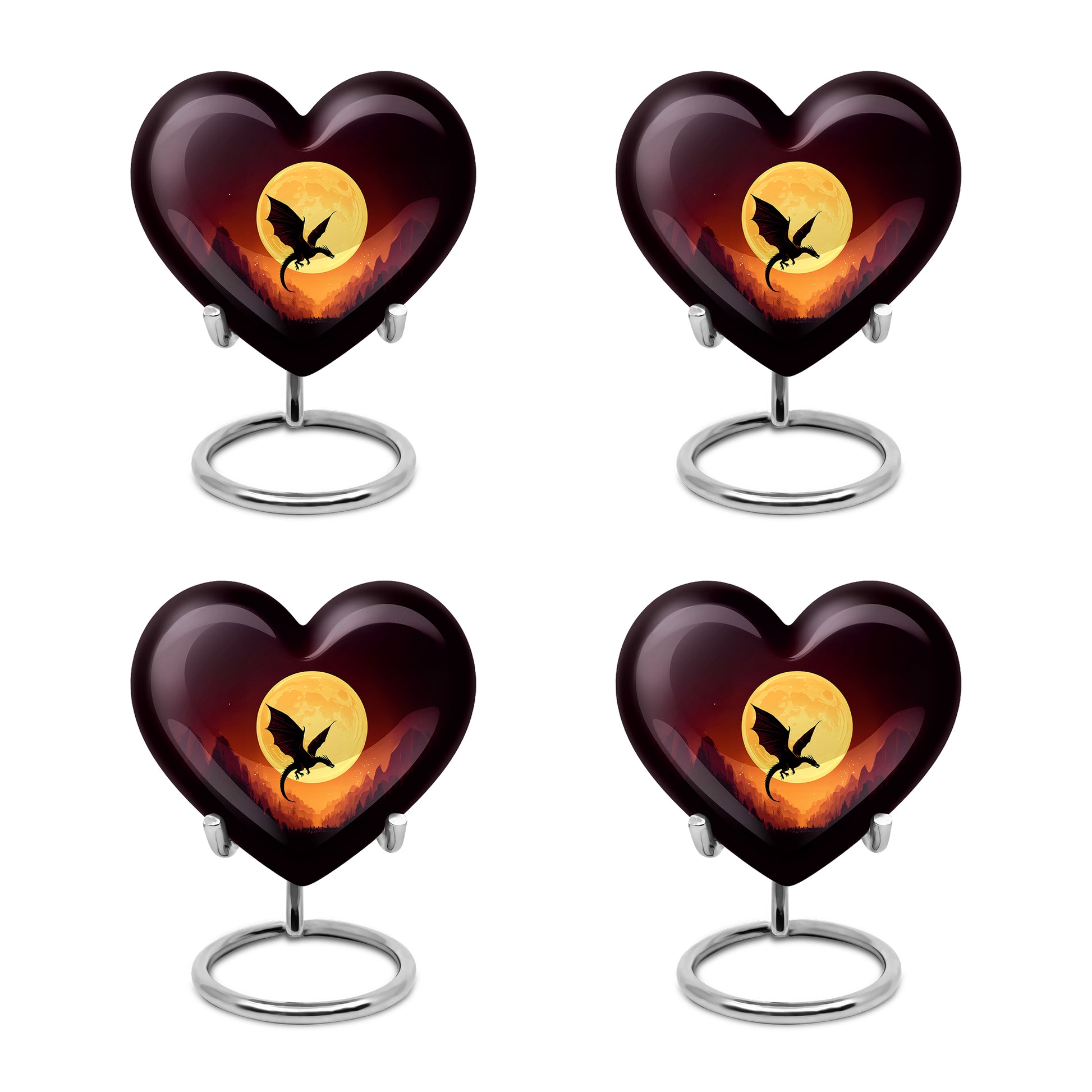 Cherry Red Dragon Cremation Urn angled view of lid and engraved motif - romantic heart urn with dragon motif on aluminum - 10 inch aluminum urn for cremated remains