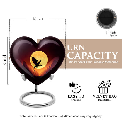 Deep Red Dragon Cremation Urn front view showing detailed design - heart-shaped dragon design symbolizing eternal love - mini keepsake memorial for portion of cremation ashes