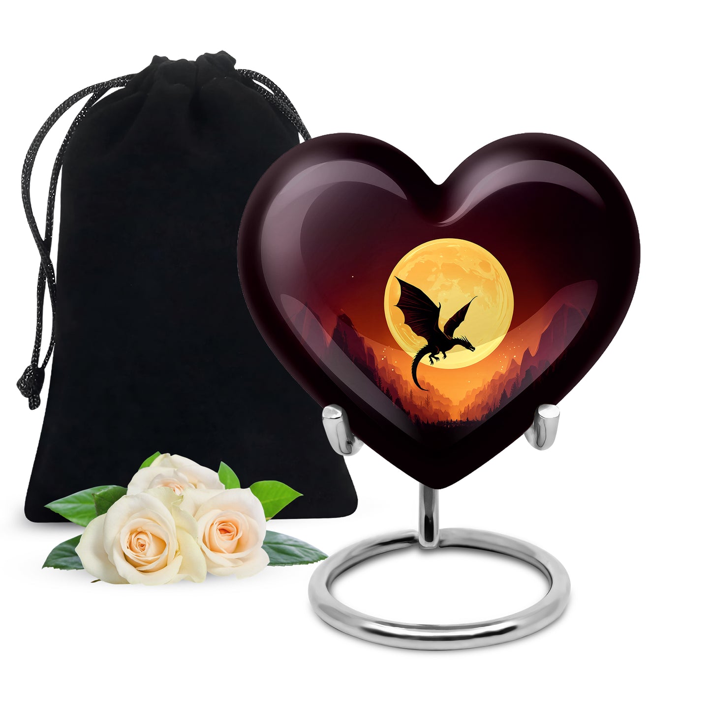 Crimson Red Dragon Cremation Urn detail view - loving heart memorial featuring dragon pattern - full-size 10 inch 200 cubic inch adult cremation urn