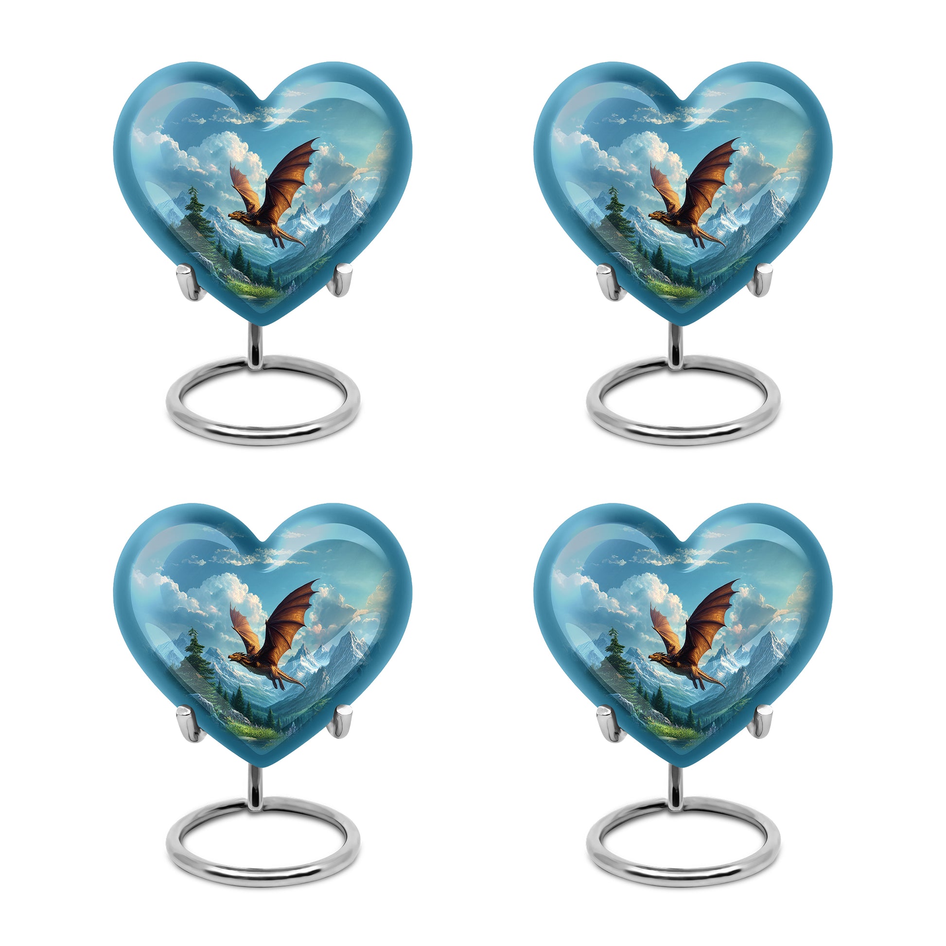 Navy Blue Dragon Cremation Urn angled view of lid and engraved motif - heart-shaped dragon design symbolizing eternal love - 10 inch aluminum urn for cremated remains