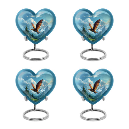 Navy Blue Dragon Cremation Urn angled view of lid and engraved motif - heart-shaped dragon design symbolizing eternal love - 10 inch aluminum urn for cremated remains