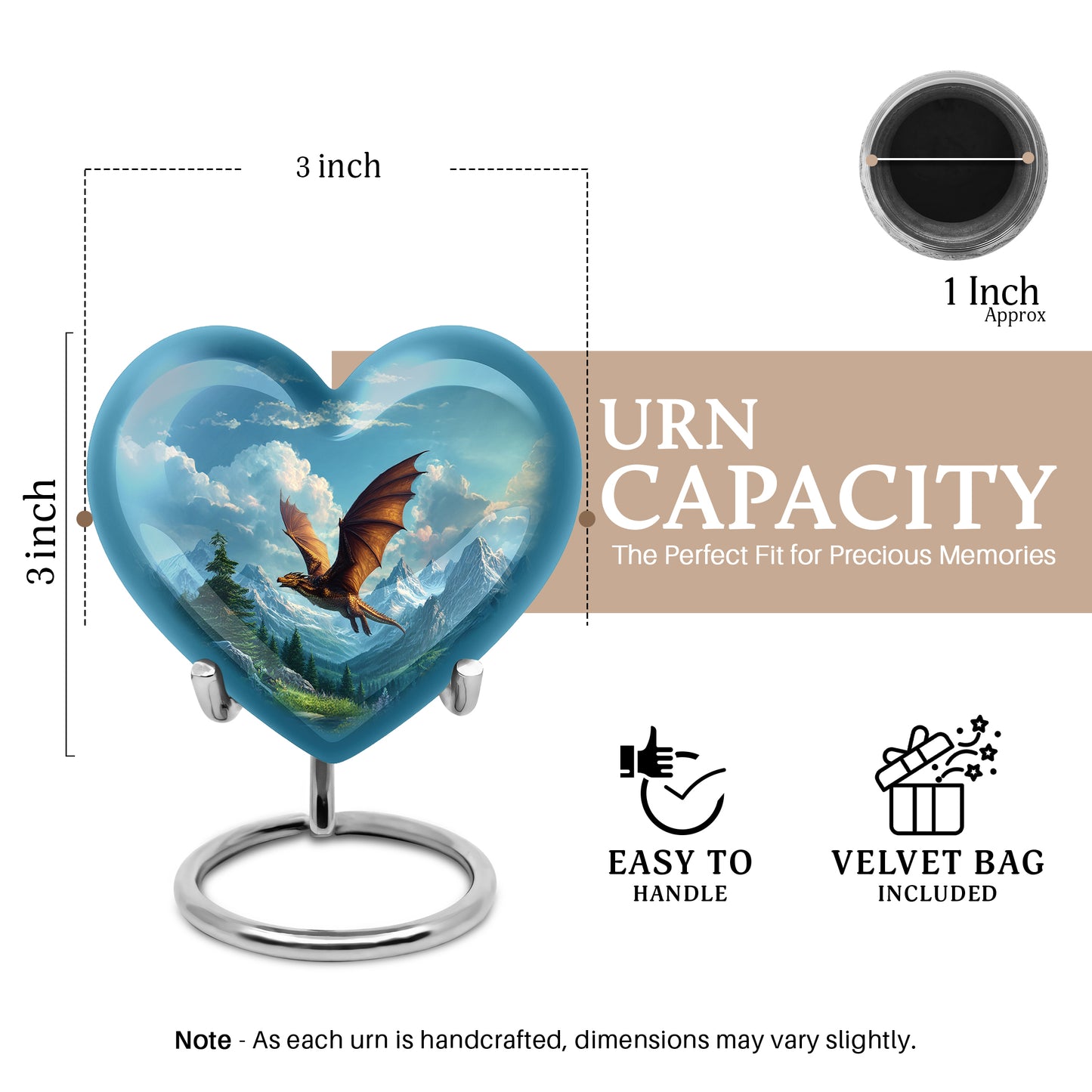 Twilight Blue Dragon Cremation Urn front view showing detailed design - romantic heart urn with dragon motif on aluminum - mini keepsake memorial for portion of cremation ashes