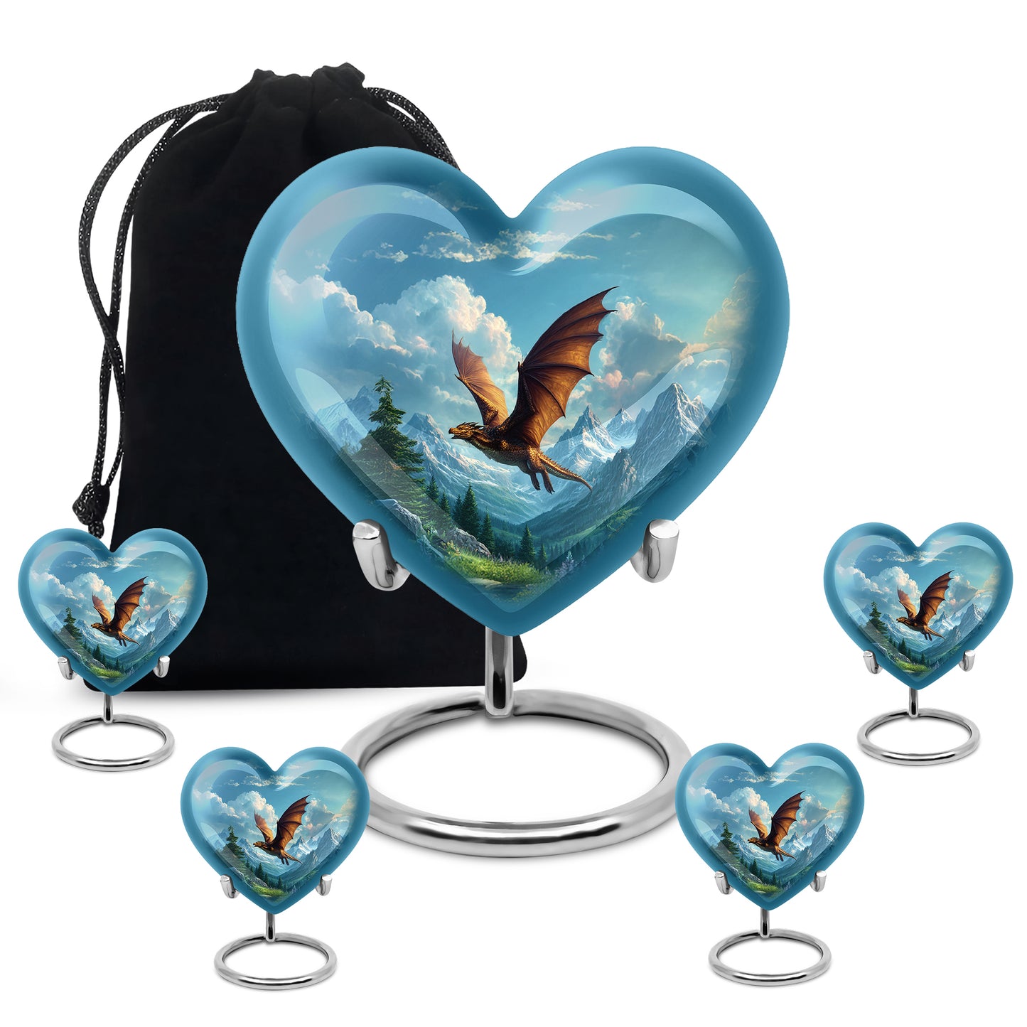 Azure Dragon Cremation Urn close-up of engraving and surface detail - heart-shaped dragon design symbolizing eternal love - memorial set with one large and four small urns