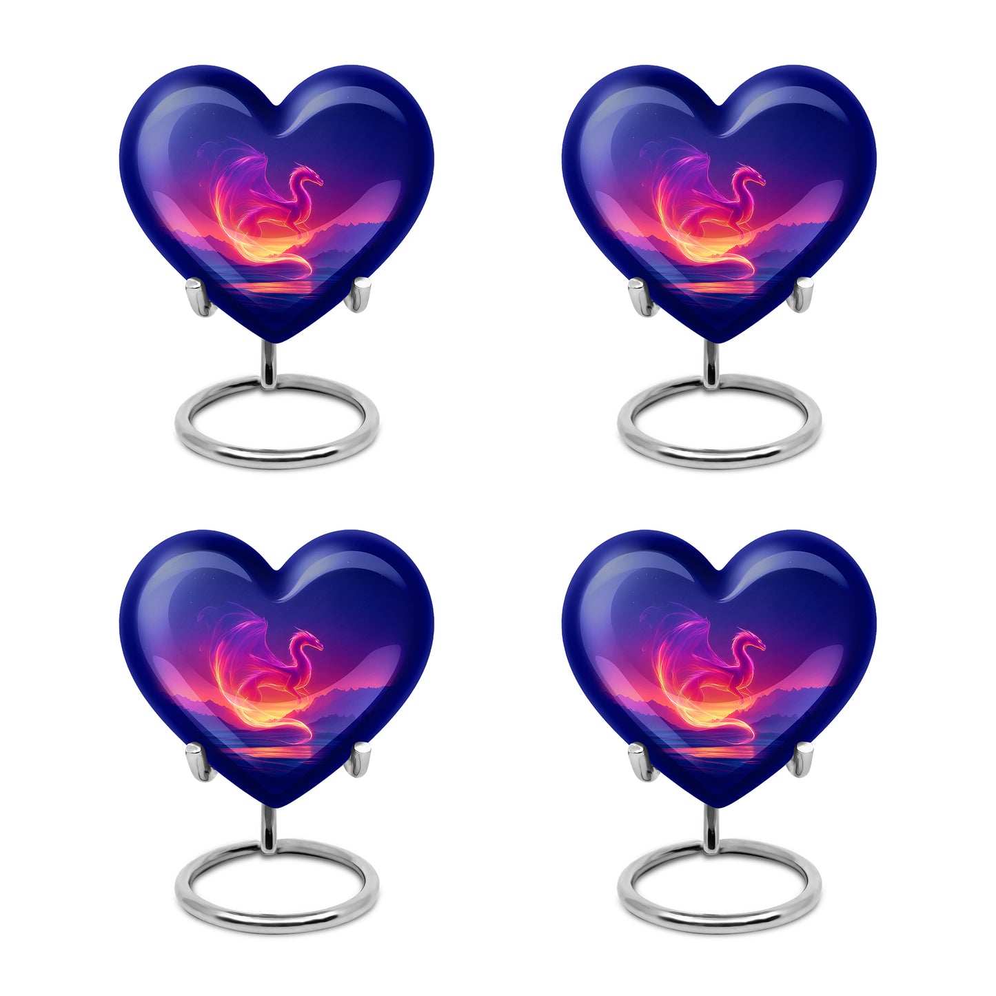 Powder Blue Dragon Cremation Urn angled view of lid and engraved motif - loving heart memorial featuring dragon pattern - 10 inch aluminum urn for cremated remains