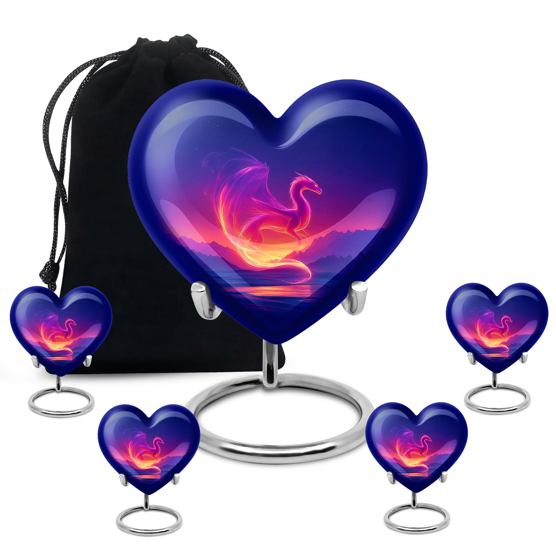 Bright Blue Dragon Cremation Urn close-up of engraving and surface detail - romantic heart urn with dragon motif on aluminum - memorial set with one large and four small urns