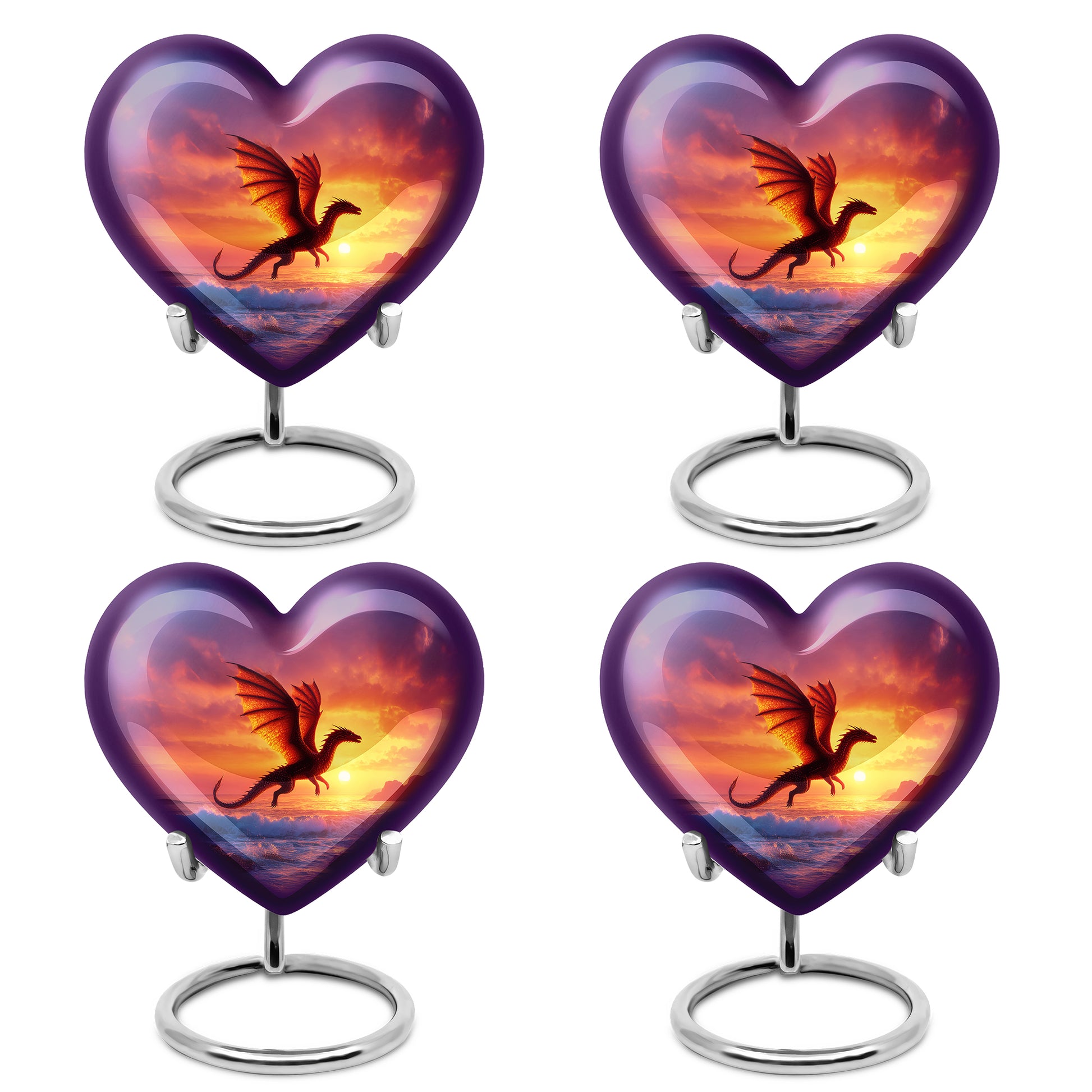 Lavender Purple Dragon Cremation Urn angled view of lid and engraved motif - compassionate heart-dragon combination with gentle curves - 10 inch aluminum urn for cremated remains