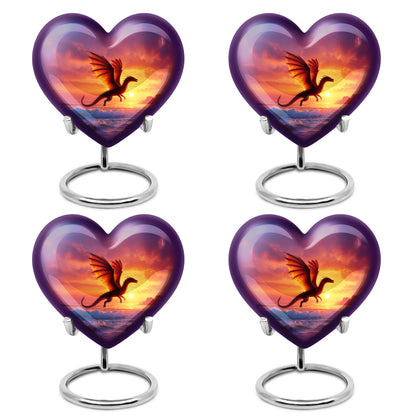 Lavender Purple Dragon Cremation Urn angled view of lid and engraved motif - compassionate heart-dragon combination with gentle curves - 10 inch aluminum urn for cremated remains