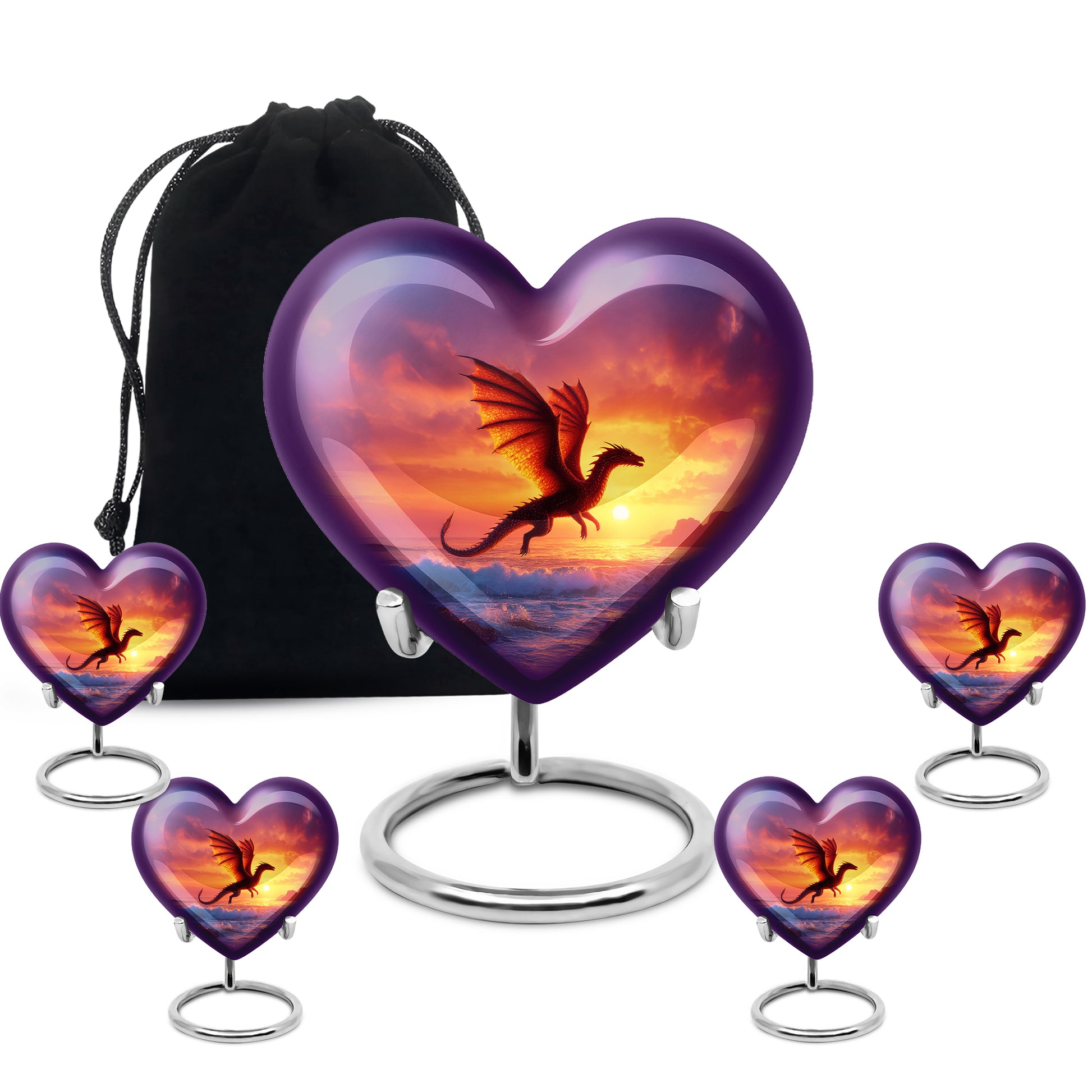 Royal Purple Dragon Cremation Urn close-up of engraving and surface detail - compassionate heart-dragon combination with gentle curves - memorial set with one large and four small urns