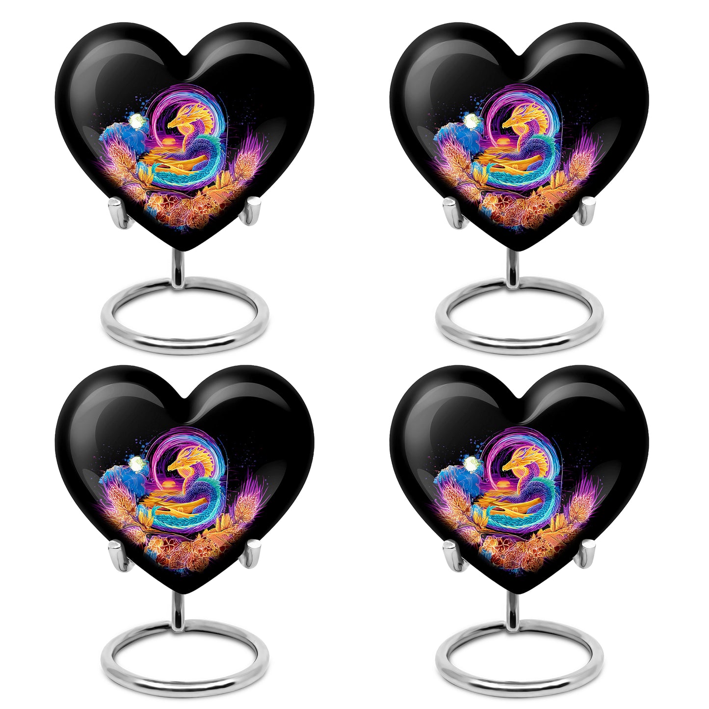 Rich Black Dragon Cremation Urn angled view of lid and engraved motif - heart-shaped dragon design symbolizing eternal love - 10 inch aluminum urn for cremated remains
