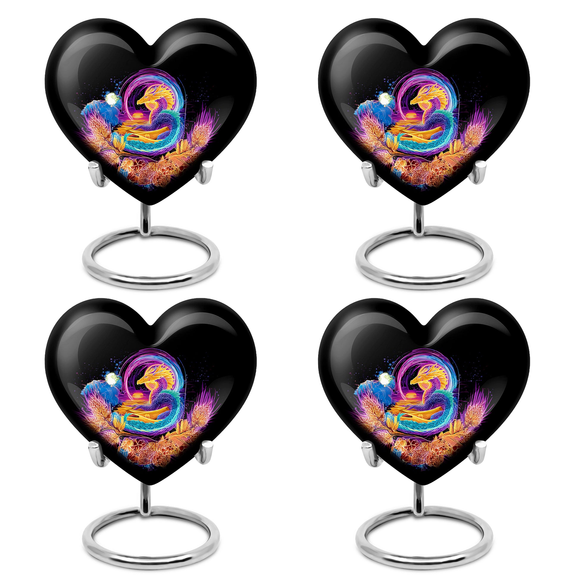 Rich Black Dragon Cremation Urn angled view of lid and engraved motif - heart-shaped dragon design symbolizing eternal love - 10 inch aluminum urn for cremated remains
