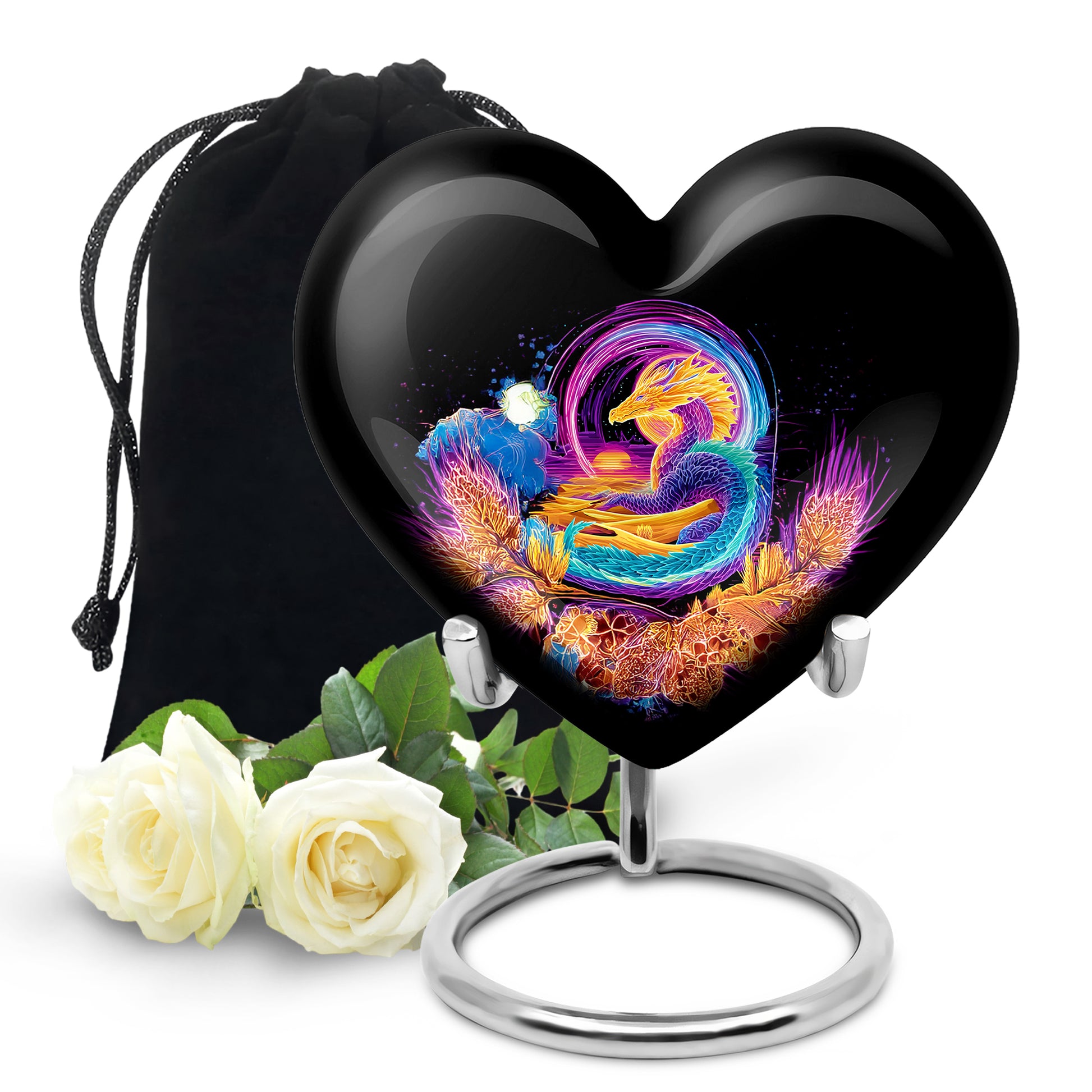 Obsidian Black Dragon Cremation Urn detail view - compassionate heart-dragon combination with gentle curves - full-size 10 inch 200 cubic inch adult cremation urn