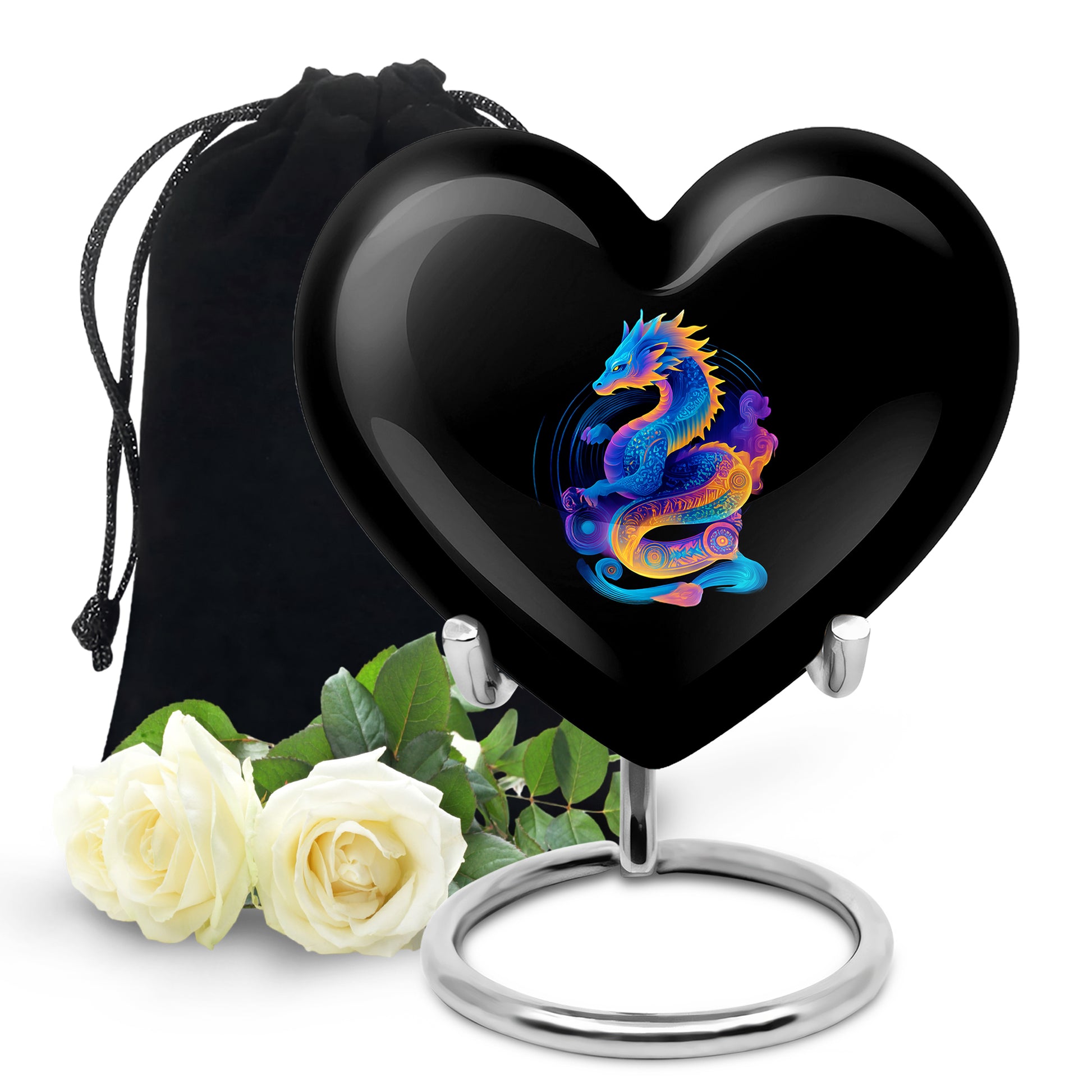 Deep Black Dragon Cremation Urn detail view - loving heart memorial featuring dragon pattern - full-size 10 inch 200 cubic inch adult cremation urn