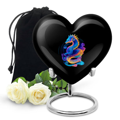 Deep Black Dragon Cremation Urn detail view - loving heart memorial featuring dragon pattern - full-size 10 inch 200 cubic inch adult cremation urn