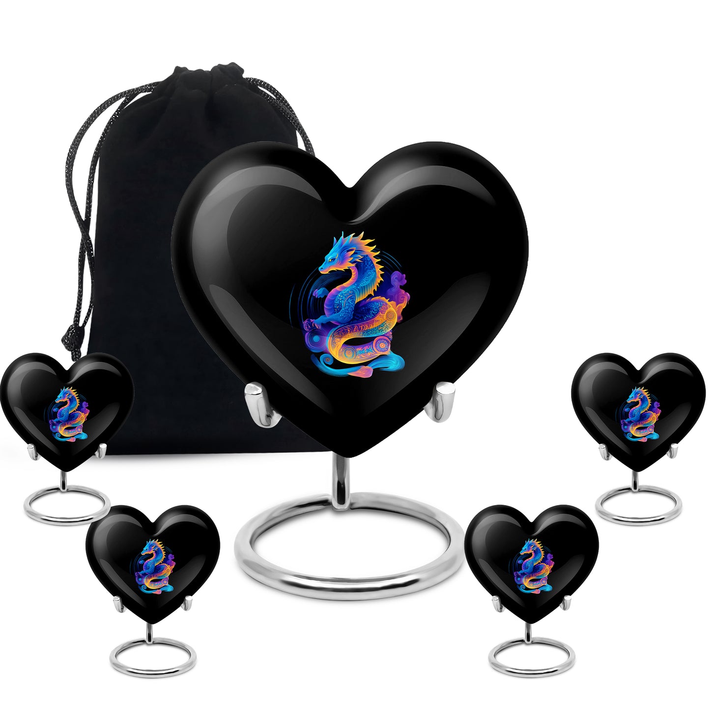 Ebony Dragon Cremation Urn close-up of engraving and surface detail - heart-shaped dragon design symbolizing eternal love - memorial set with one large and four small urns