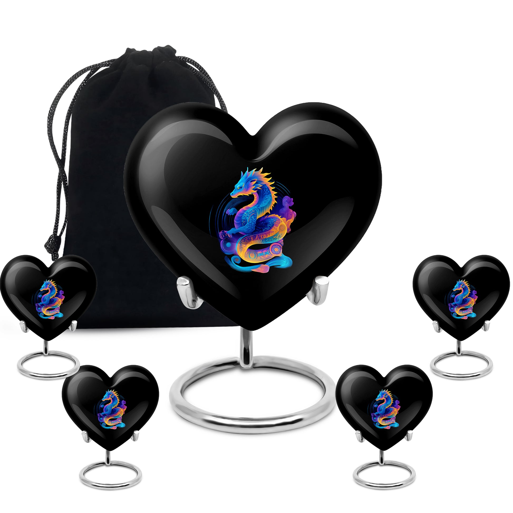Ebony Dragon Cremation Urn close-up of engraving and surface detail - heart-shaped dragon design symbolizing eternal love - memorial set with one large and four small urns