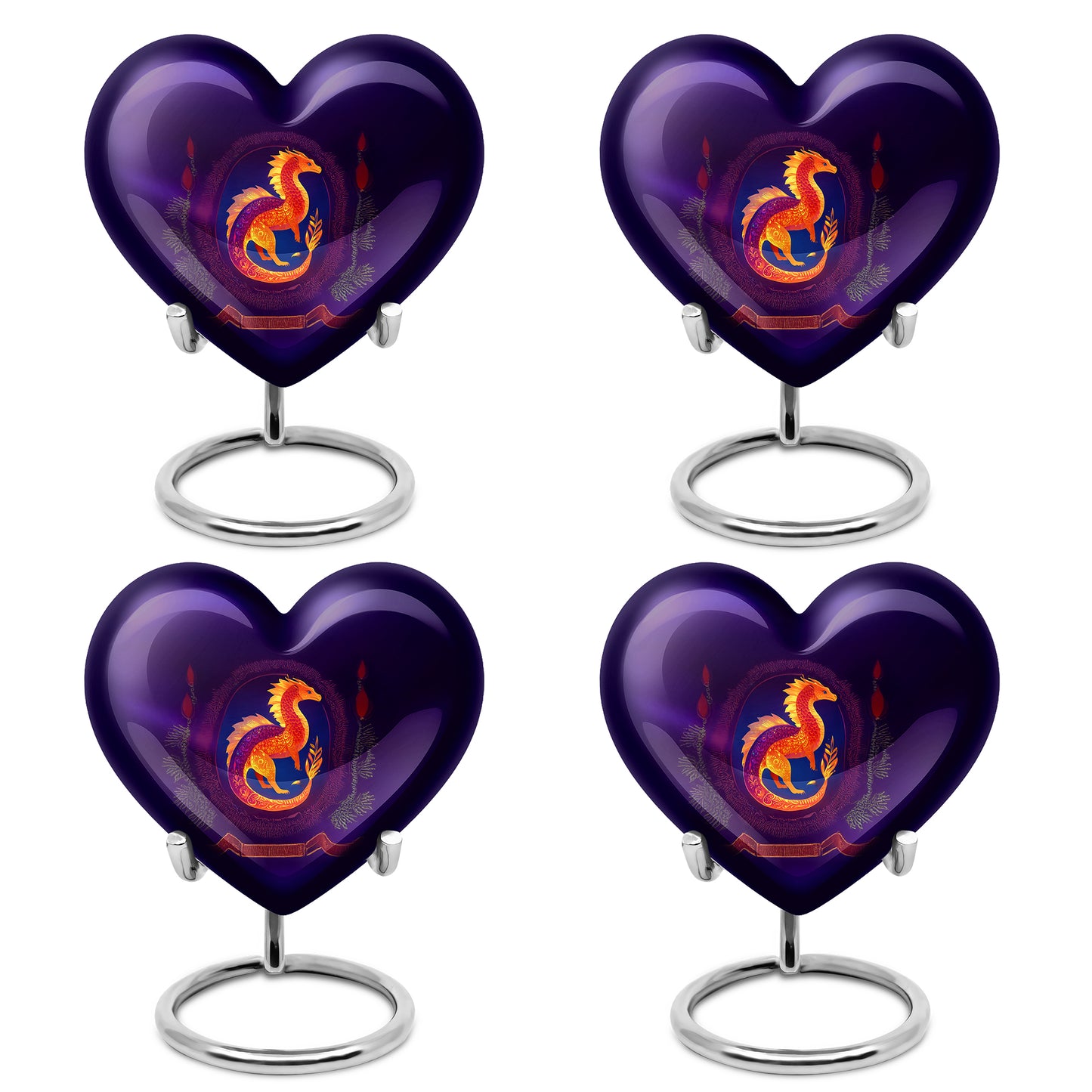 Lavender Purple Dragon Cremation Urn angled view of lid and engraved motif - romantic heart urn with dragon motif on aluminum - 10 inch aluminum urn for cremated remains